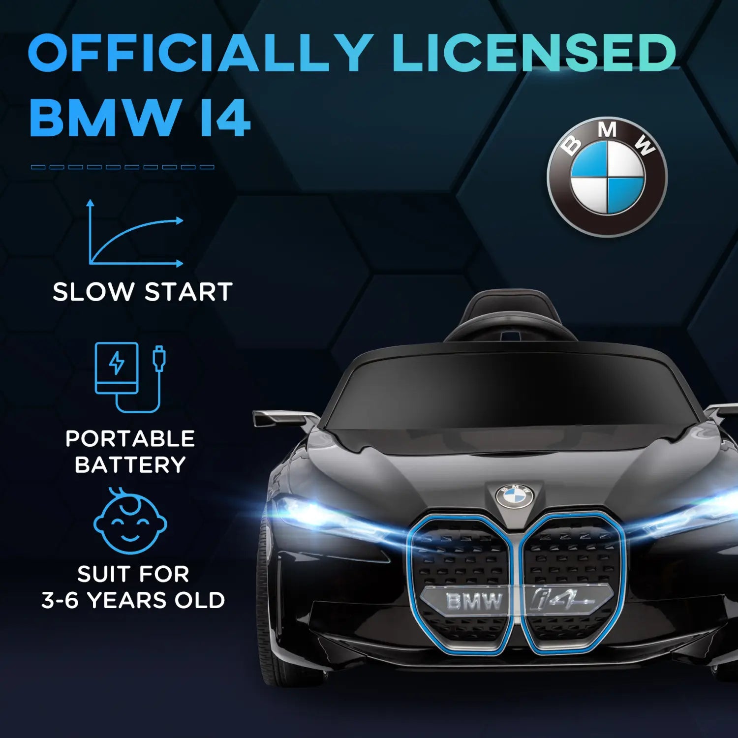 Black licensed BMW i4 12v electric ride-on car with remote control and suspension for children aged 3-6 years shown from the back side.