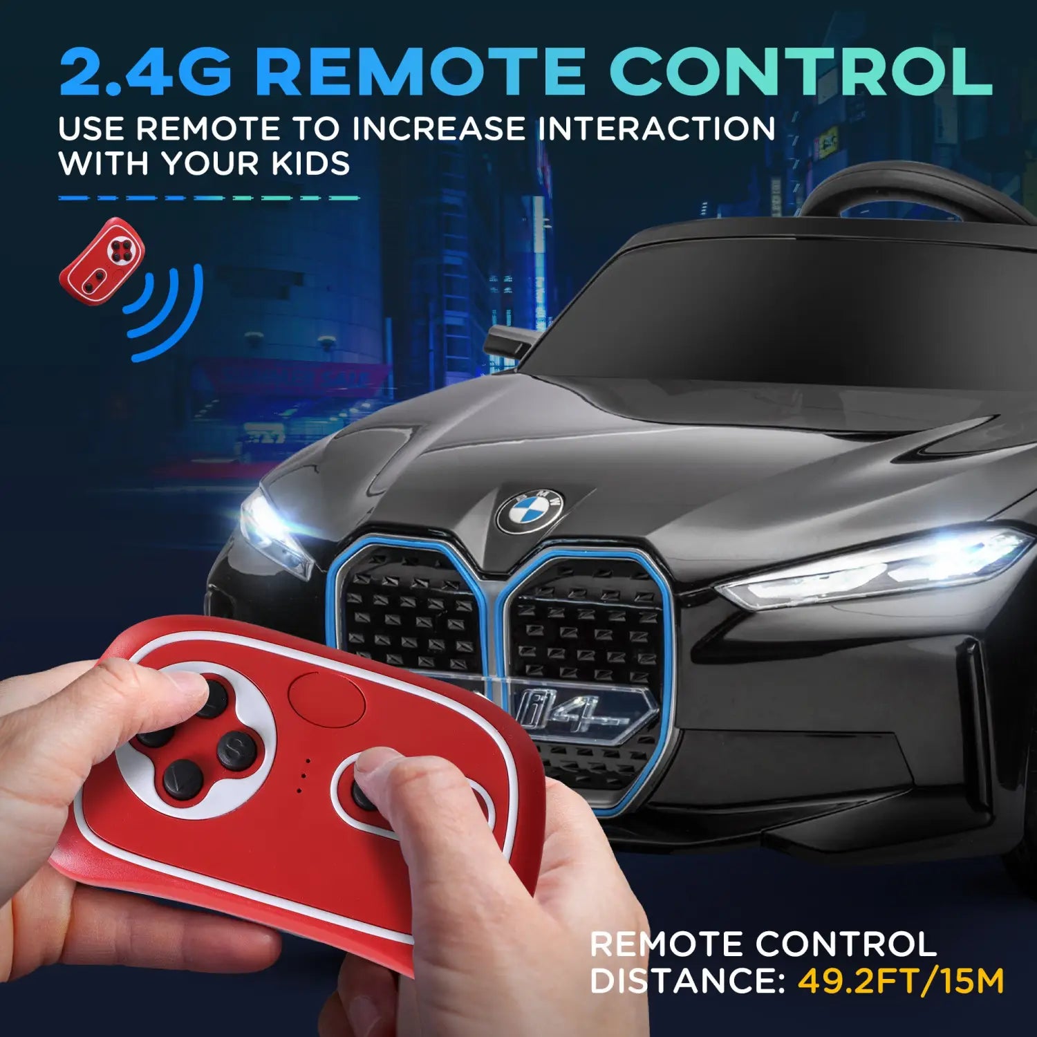 red remote control with black buttons and white trim designed for 2.4g wireless operation to control a 12v bmw ride on car with remote control and suspension for children