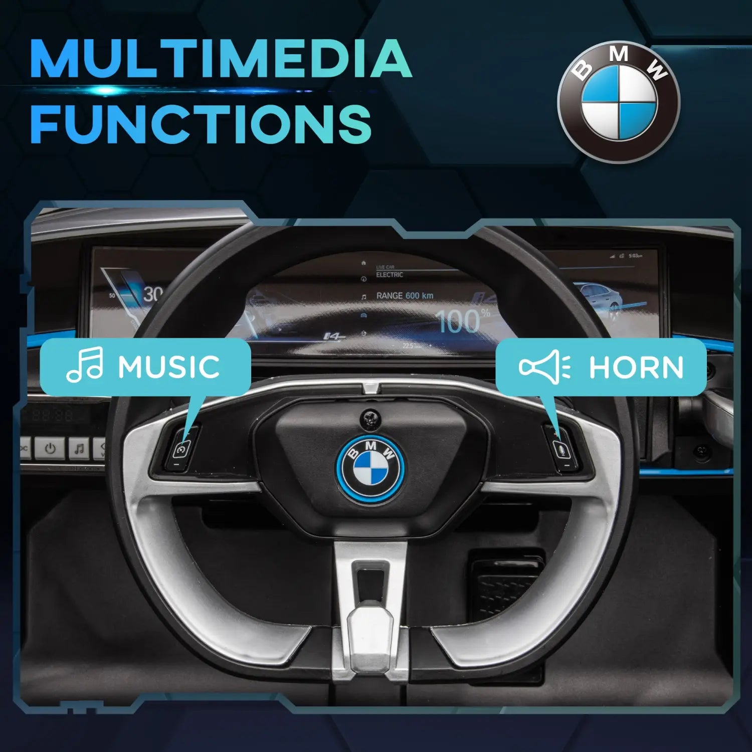 Black and silver BMW steering wheel with central logo and multimedia controls for 12v BMW ride on car with remote control and suspension