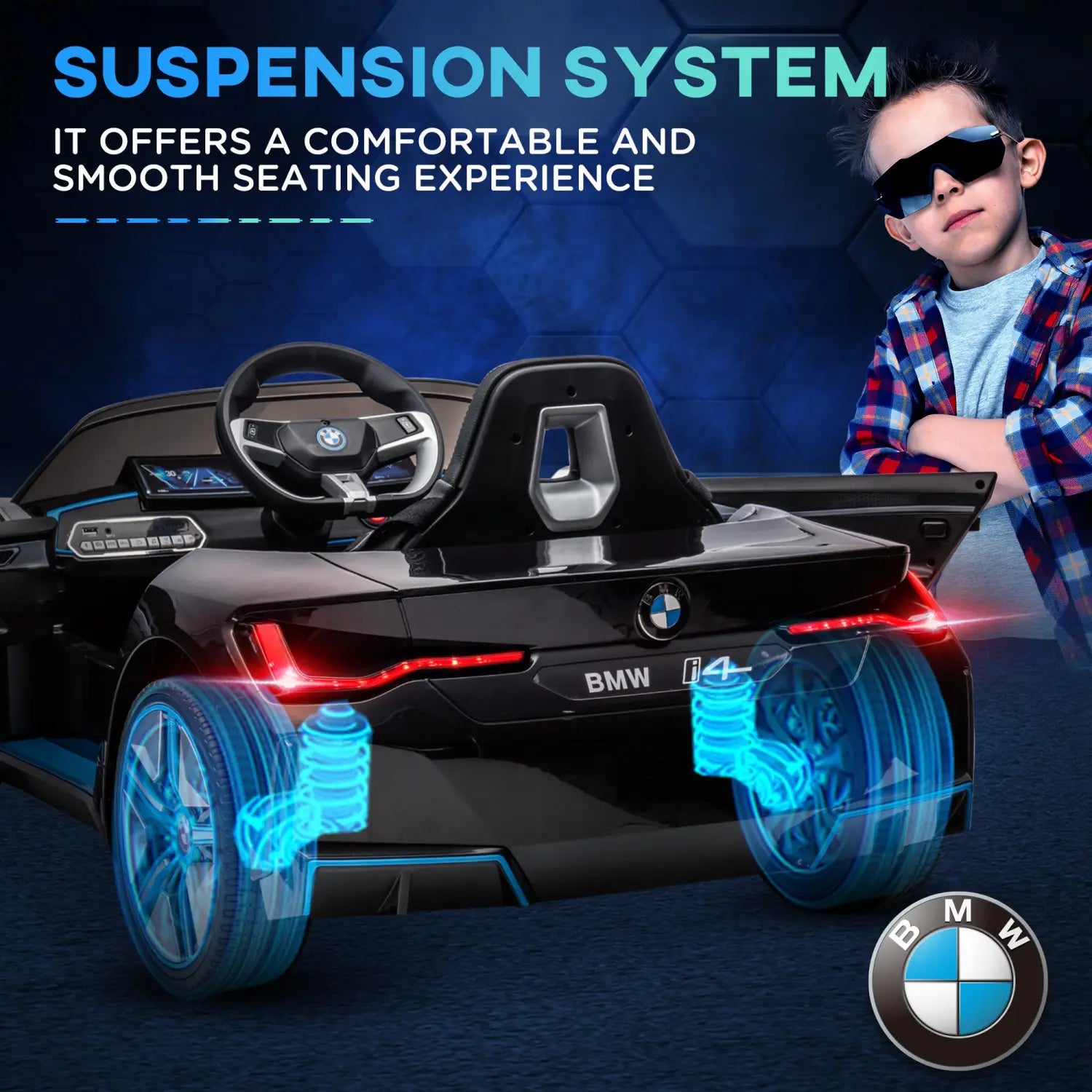 Black BMW i4 12v ride on car with remote control featuring illuminated blue suspension system and red LED lights.