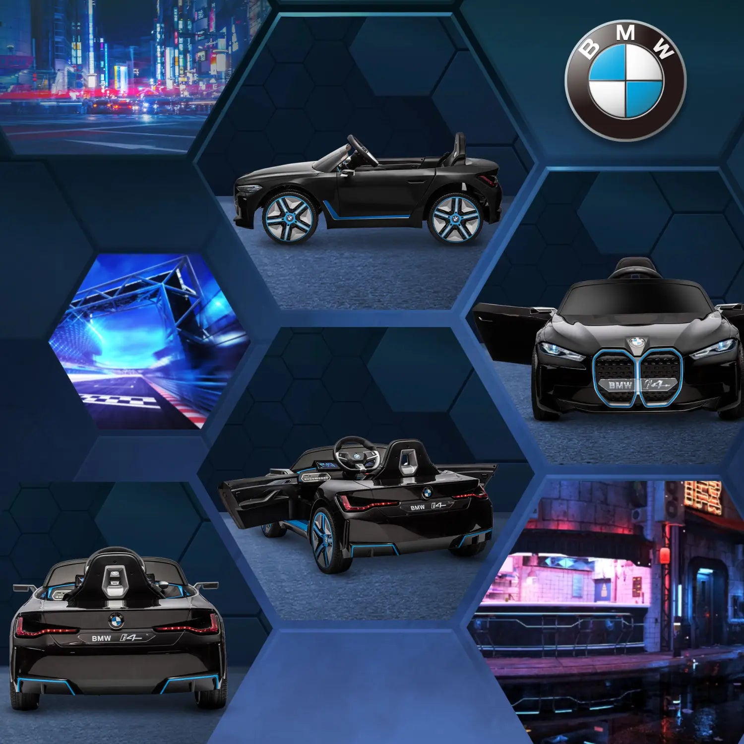 black bmw i4-themed 12v electric ride-on car for children with remote control, suspension, blue accent lighting, and a sleek modern design visible from the backside.