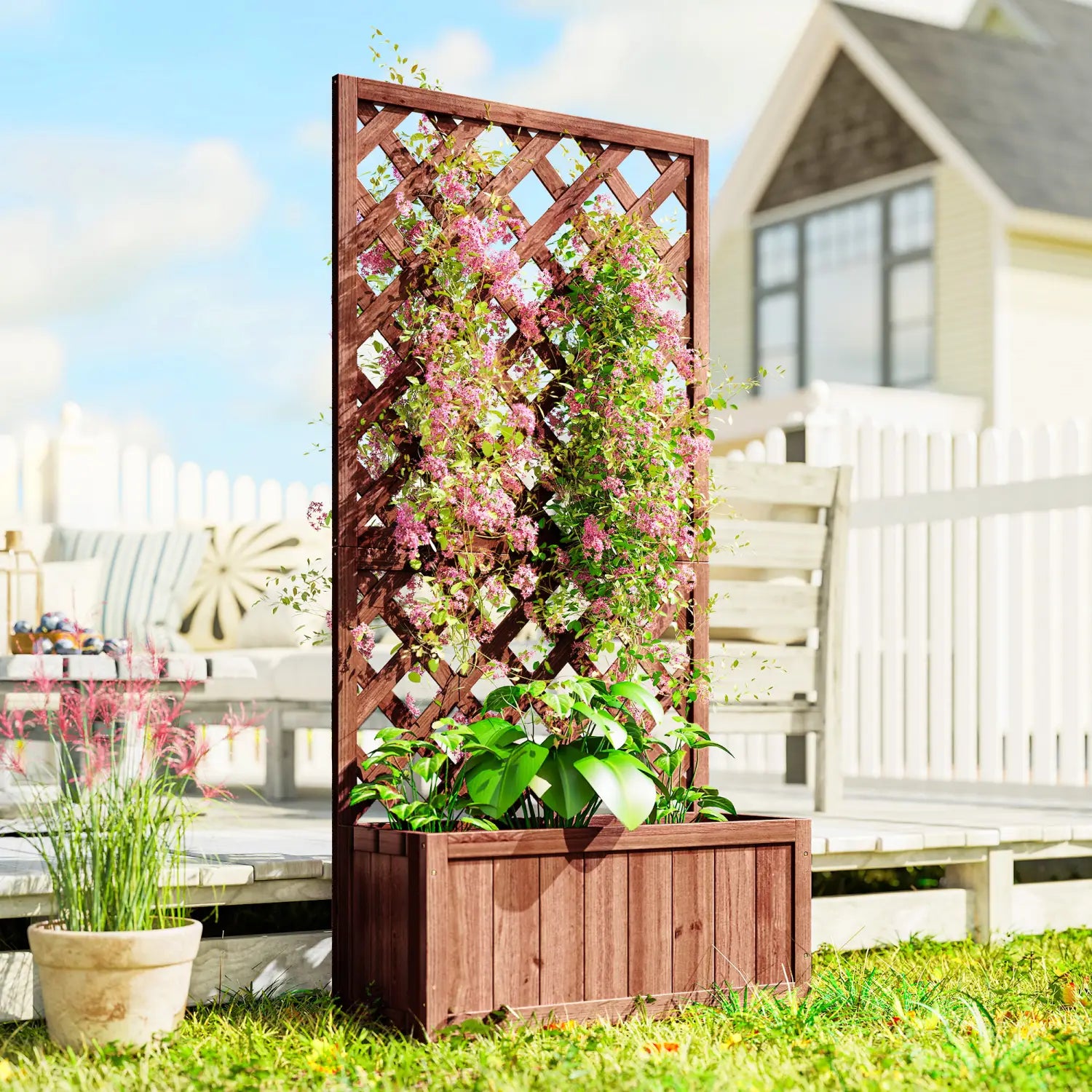 Brown wooden raised garden bed with integrated lattice trellis planter box featuring a diamond-patterned design and pink flowering vines climbing its frame.