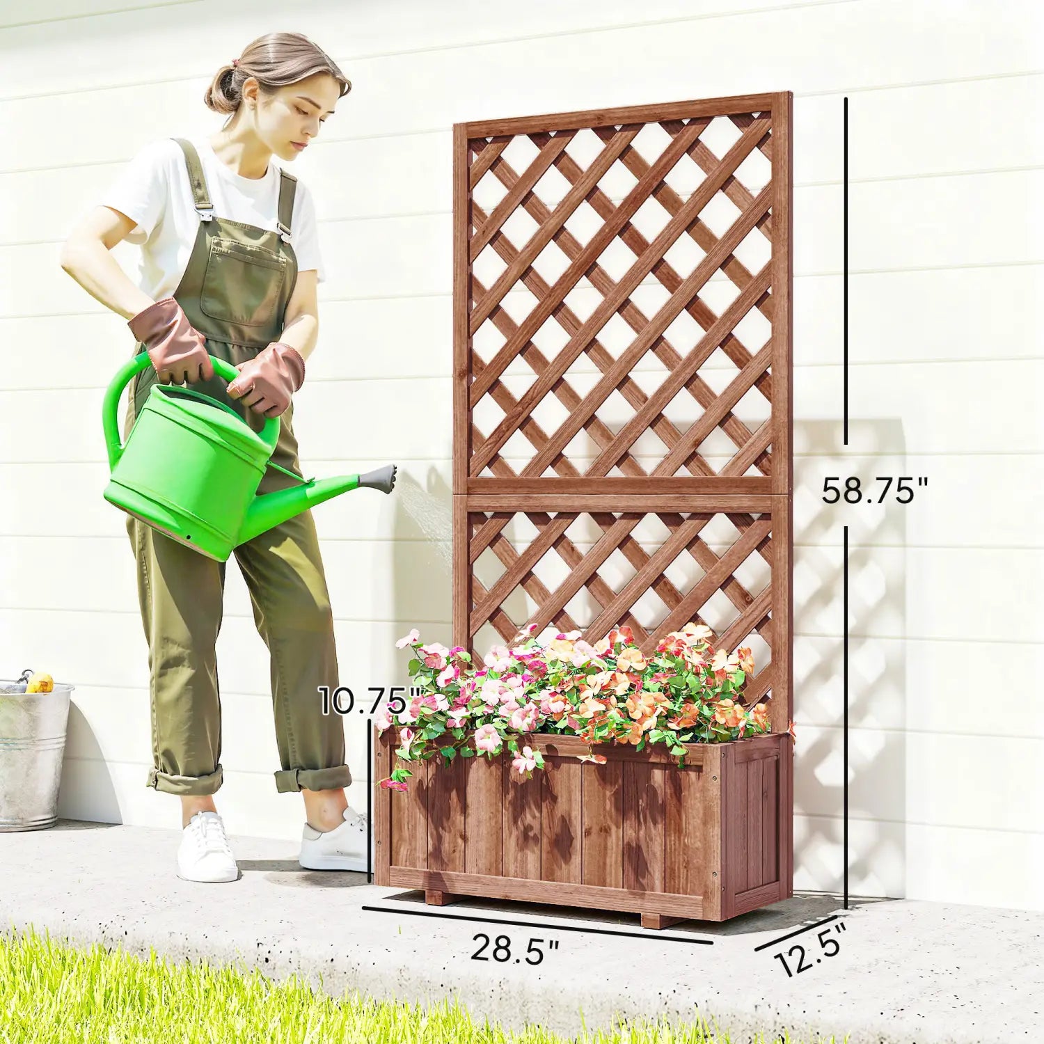 brown wooden raised garden bed planter box with integrated lattice trellis for climbing plants and flower display