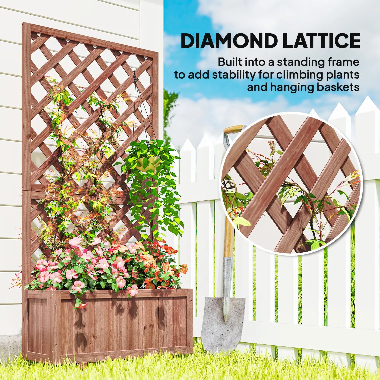 Brown wooden raised garden bed with diamond lattice trellis and integrated planter box for outdoor gardening.