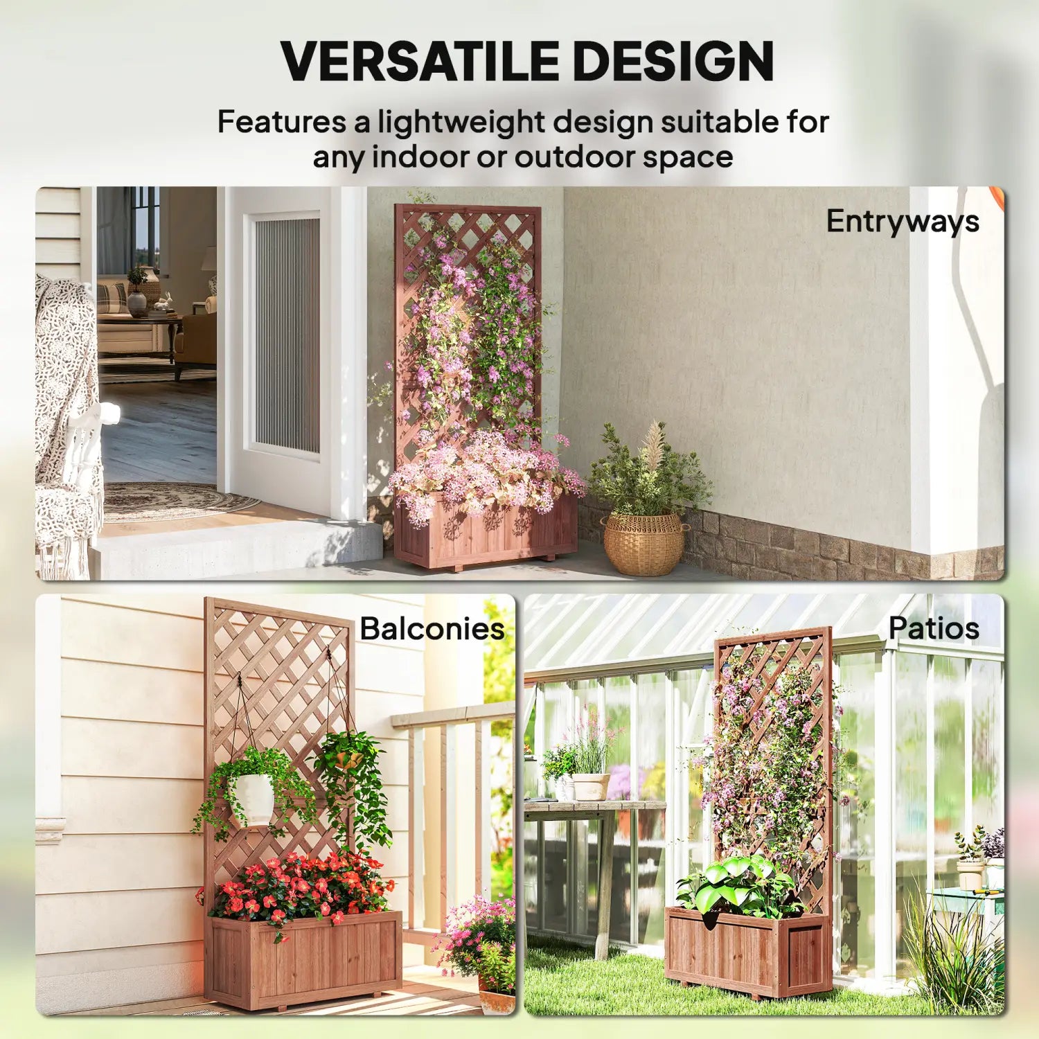 Wooden raised garden bed planter box with integrated lattice trellis and matching rectangular base designed for vertical gardening on entryways balconies or patios.
