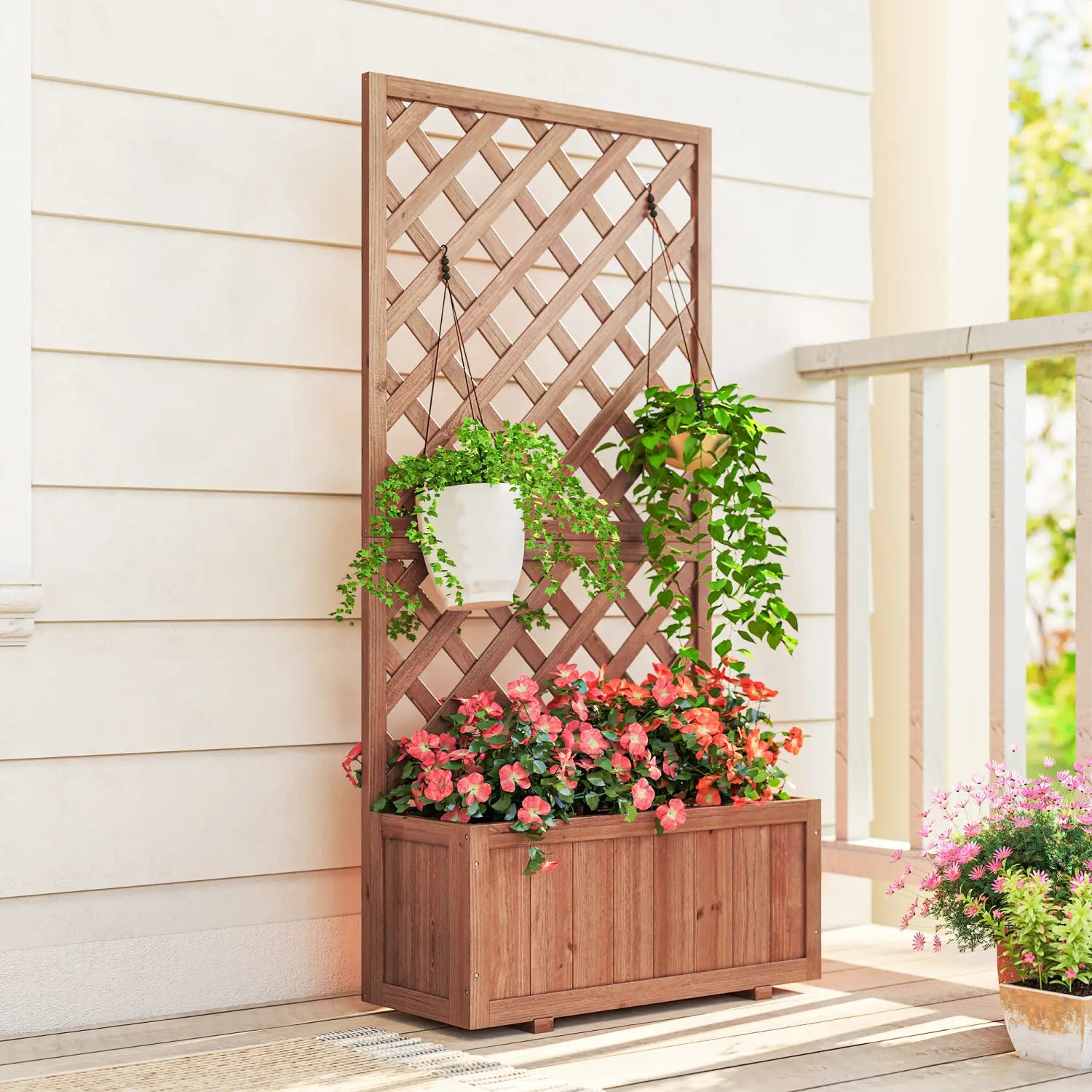 Brown wooden raised garden bed with lattice trellis planter box and integrated storage designed for outdoor gardening.