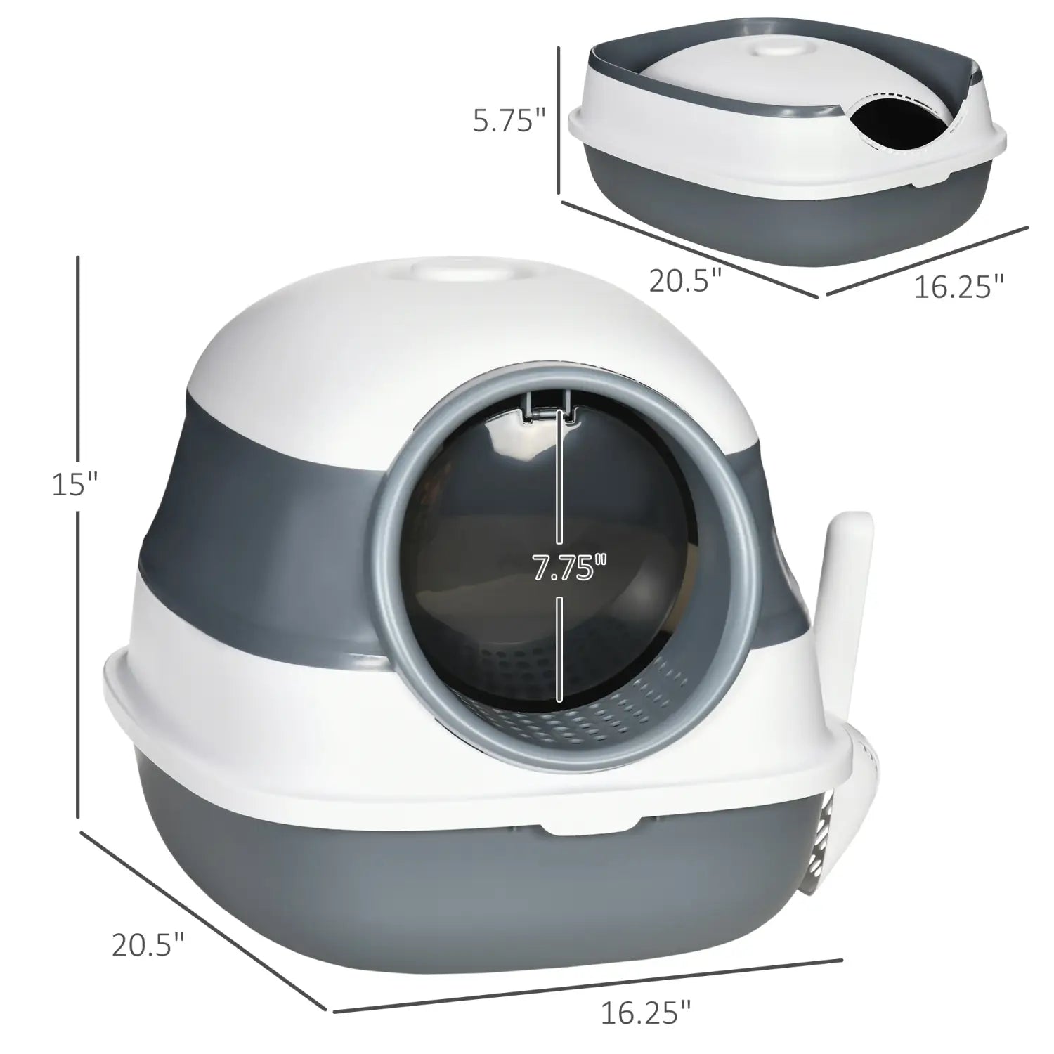 Caja para arena de gato con cubierta tipo cúpula de plástico en color gris y blanco, con un panel frontal redondo transparente para un acceso fácil y control de olores.