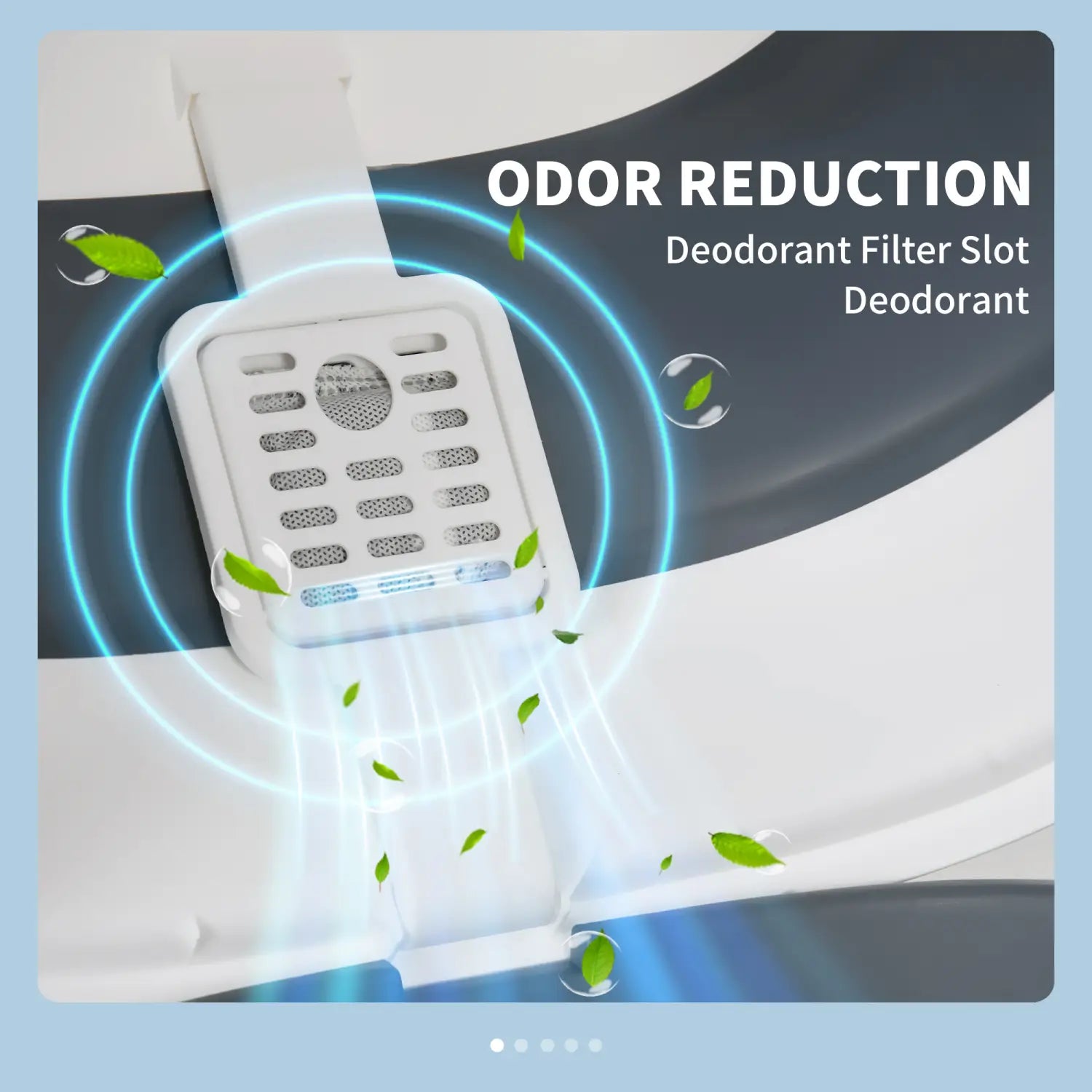 Ranura para filtro desodorante de plástico blanco con patrón de rejilla y abertura circular de malla en el lado posterior de la caja para arena de gato con cubierta tipo cúpula, en blanco y gris, diseñada para la reducción de olores.