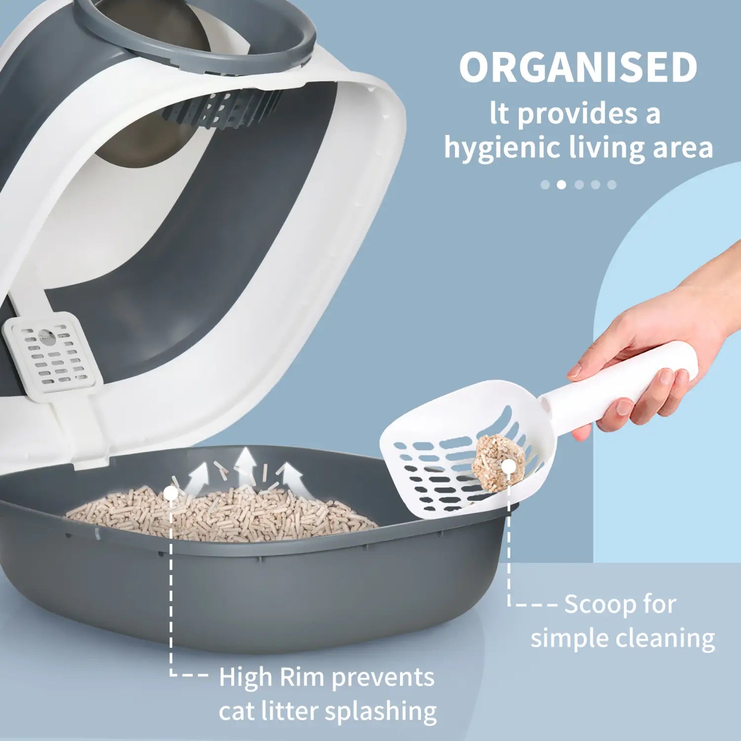 Caja para arena de gato con cubierta tipo cúpula en blanco y gris, con un diseño de autolimpieza gris y blanco e incluye una pala integrada para facilitar el mantenimiento.