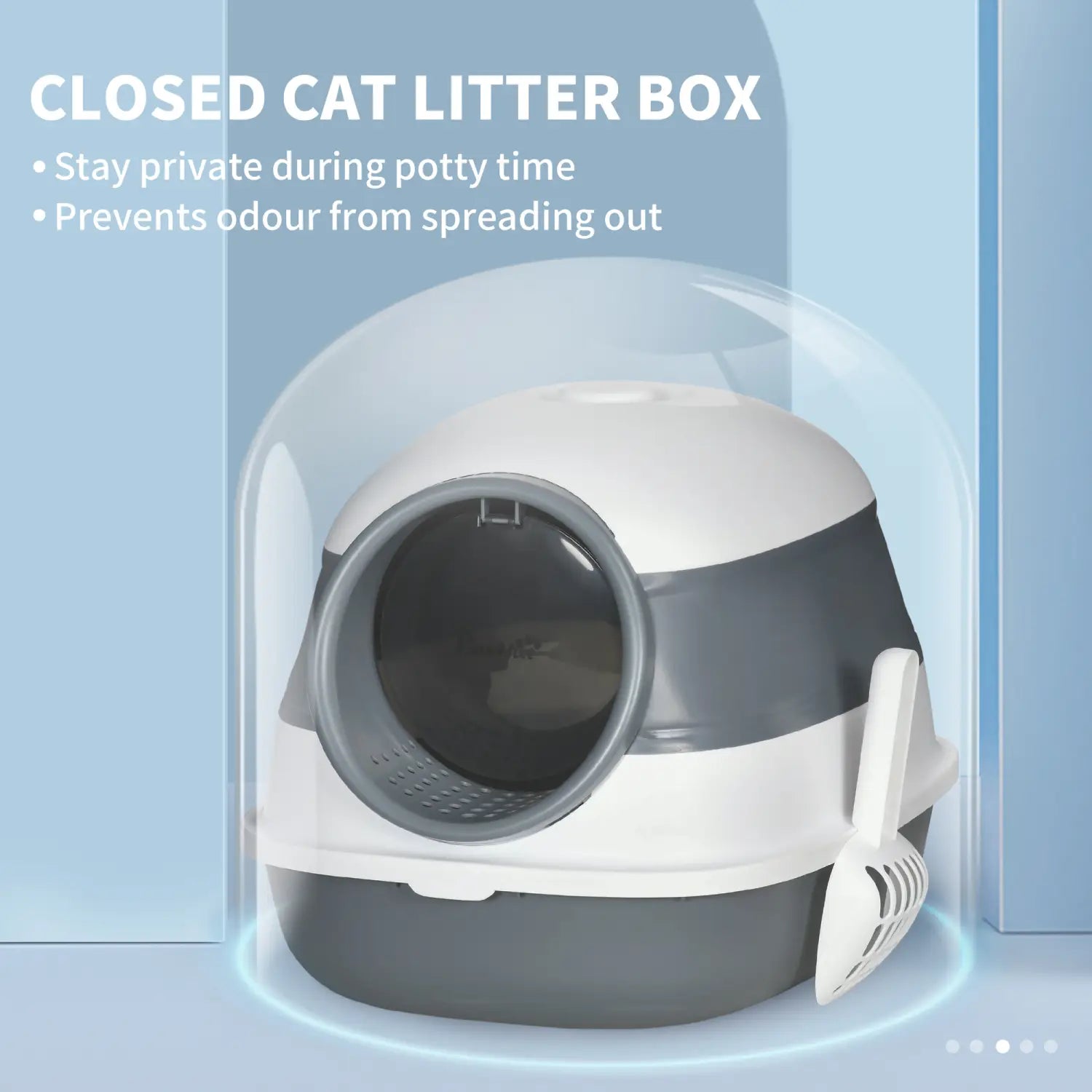 Caja para arena de gato con cubierta tipo cúpula de estilo moderno y elegante en blanco y gris, con una cubierta de cúpula transparente diseñada para mantener la higiene de la mascota de forma discreta.