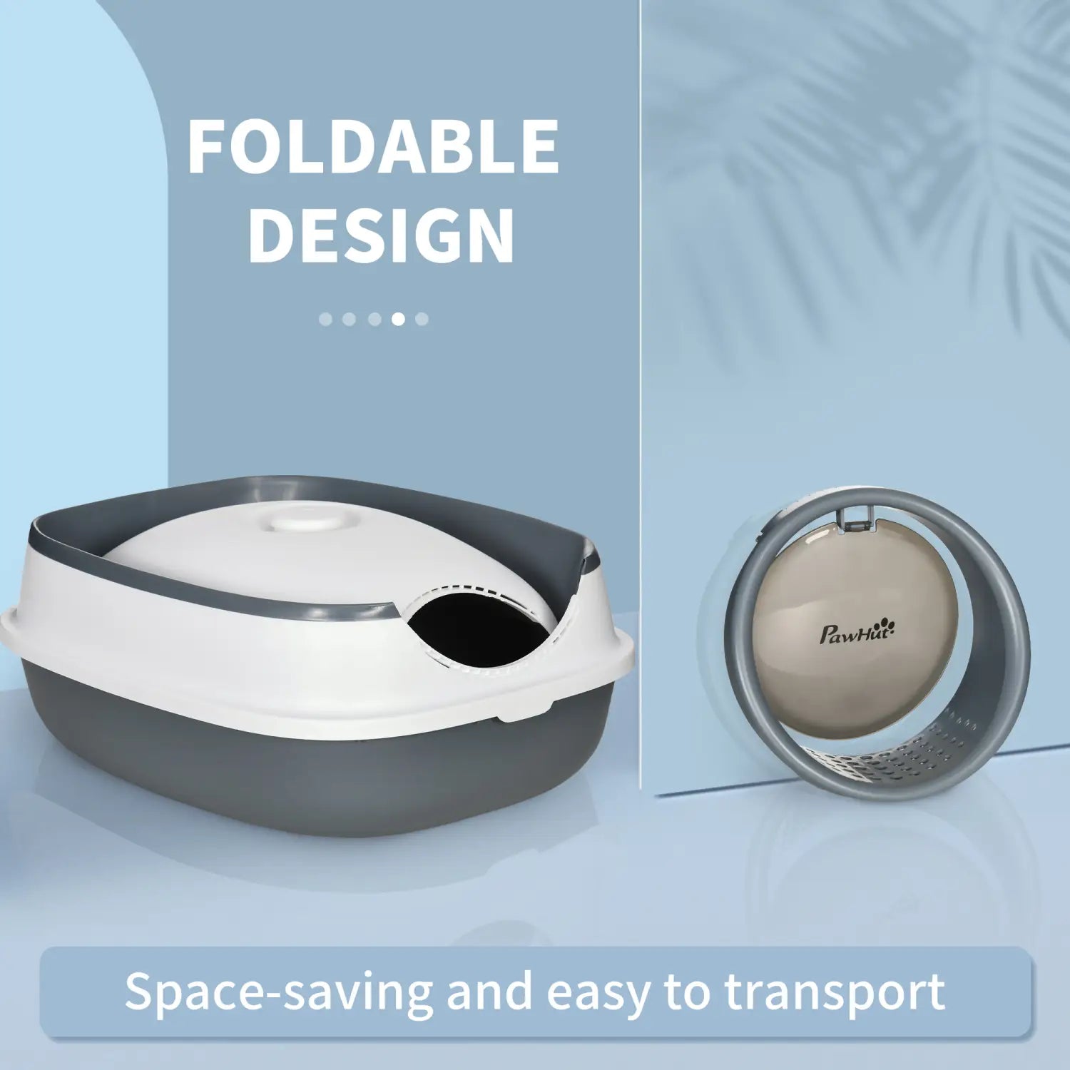 Caja para arena de gato plegable con cubierta tipo cúpula en blanco y gris, con tapa circular transparente que incluye el logotipo de pawhut.