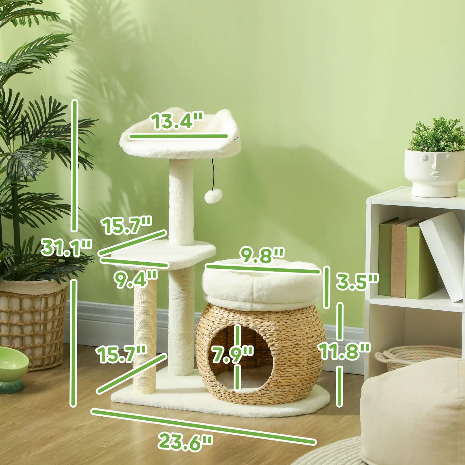 White cat tree tower with woven wicker base and soft carpeted platforms featuring scratching posts and beds.