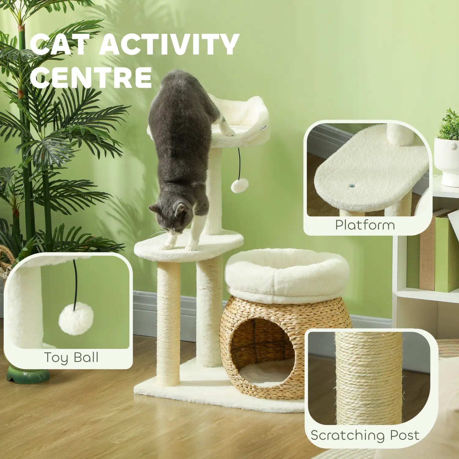 White and beige cat tree tower with sisal rope scratching posts, woven wicker hideaway, and plush platforms for cat activity and rest.