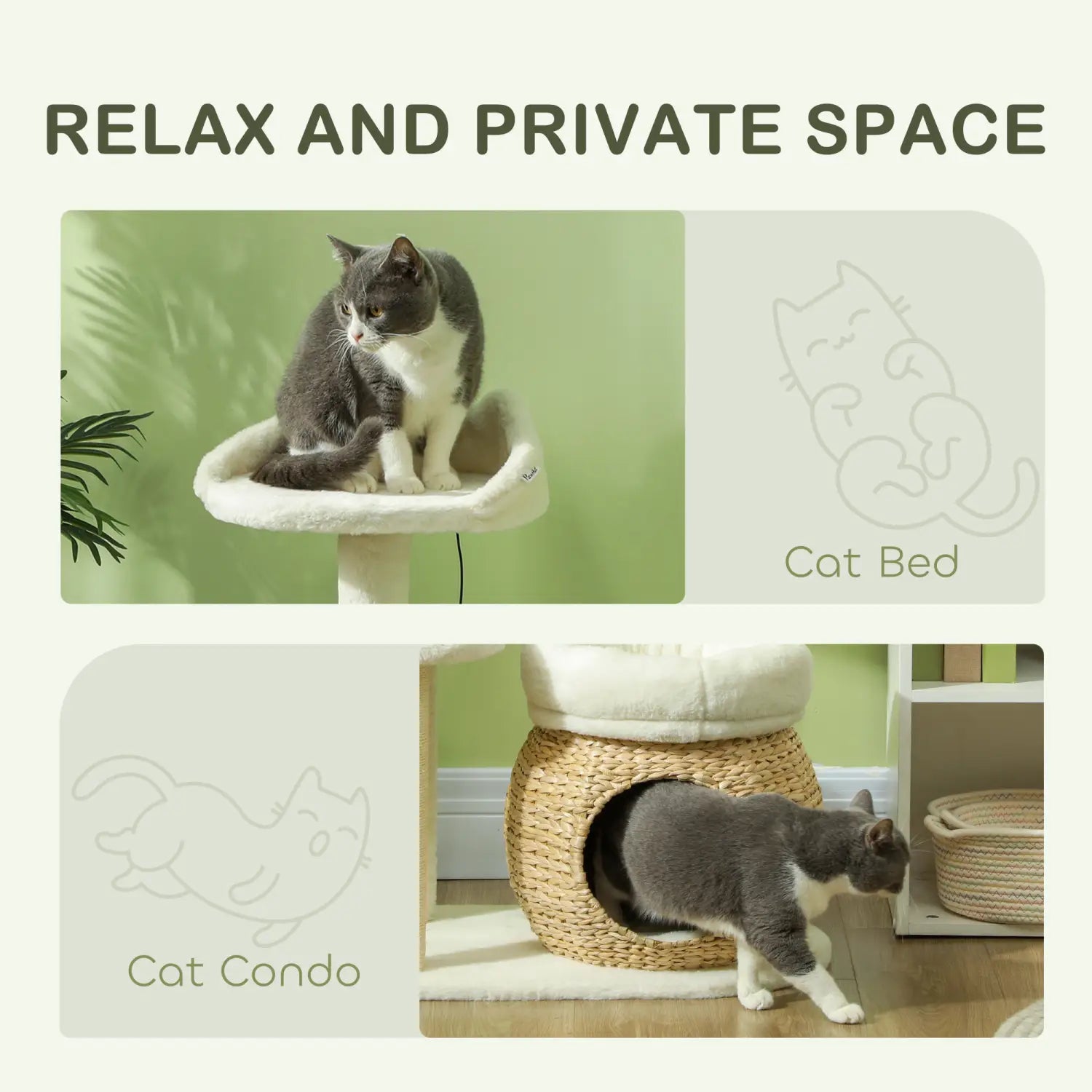 Cream-colored plush cat bed with a woven wicker base and soft cushioned top integrated within a cat tree tower with scratching posts and beds.