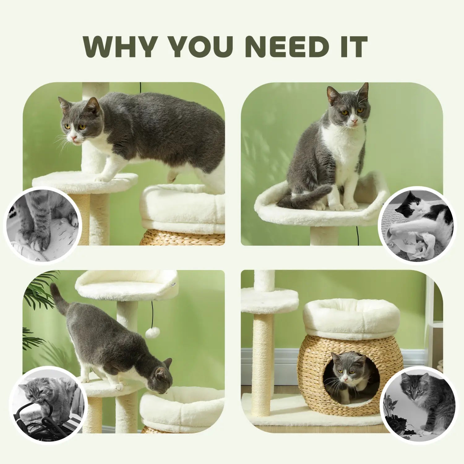 Cat tree tower with scratching posts and beds featuring cream-colored plush platforms and a woven wicker base with a cozy enclosed hideaway.