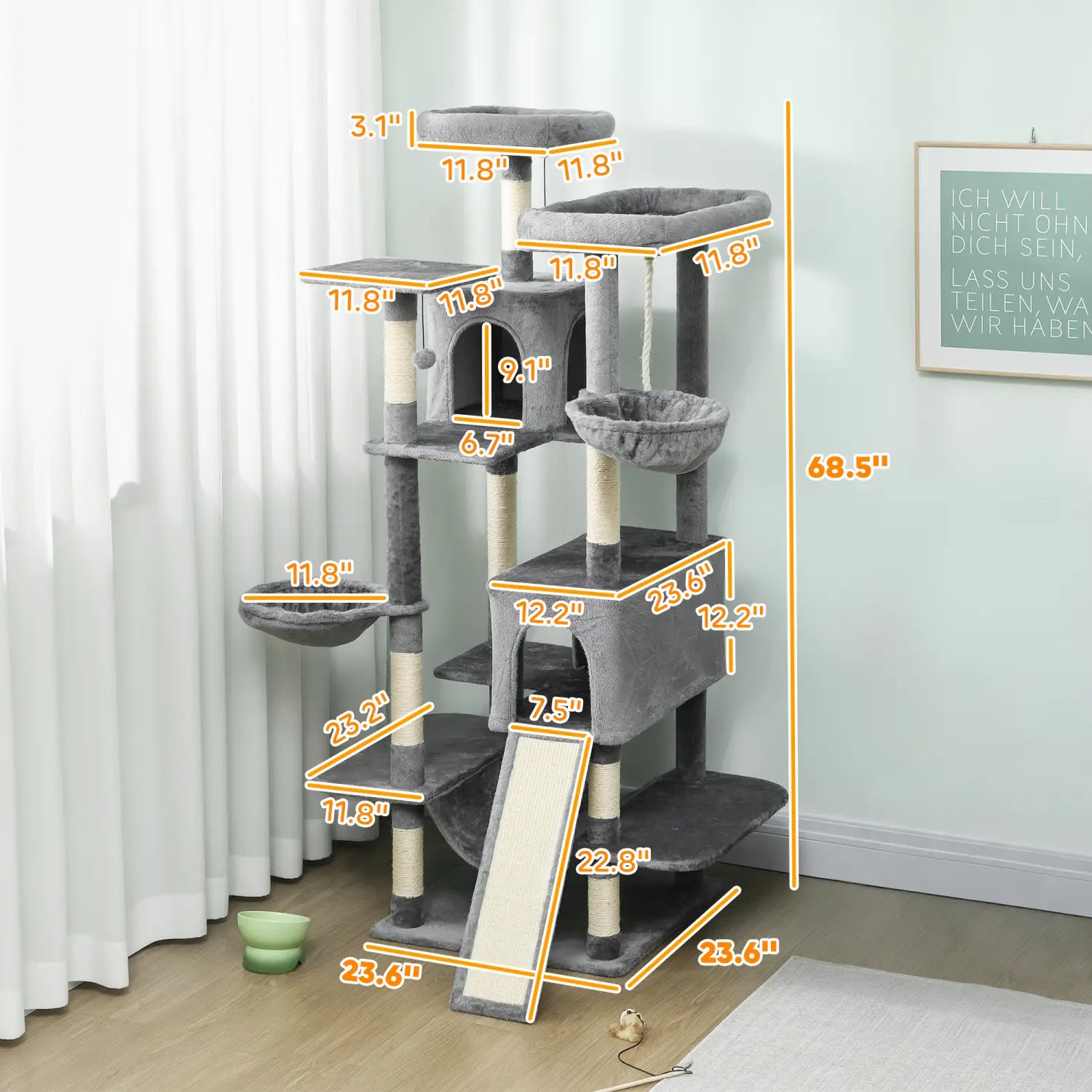 Gray multi-level cat tree tower featuring sisal scratching posts and plush platforms in dark gray for versatile feline entertainment.