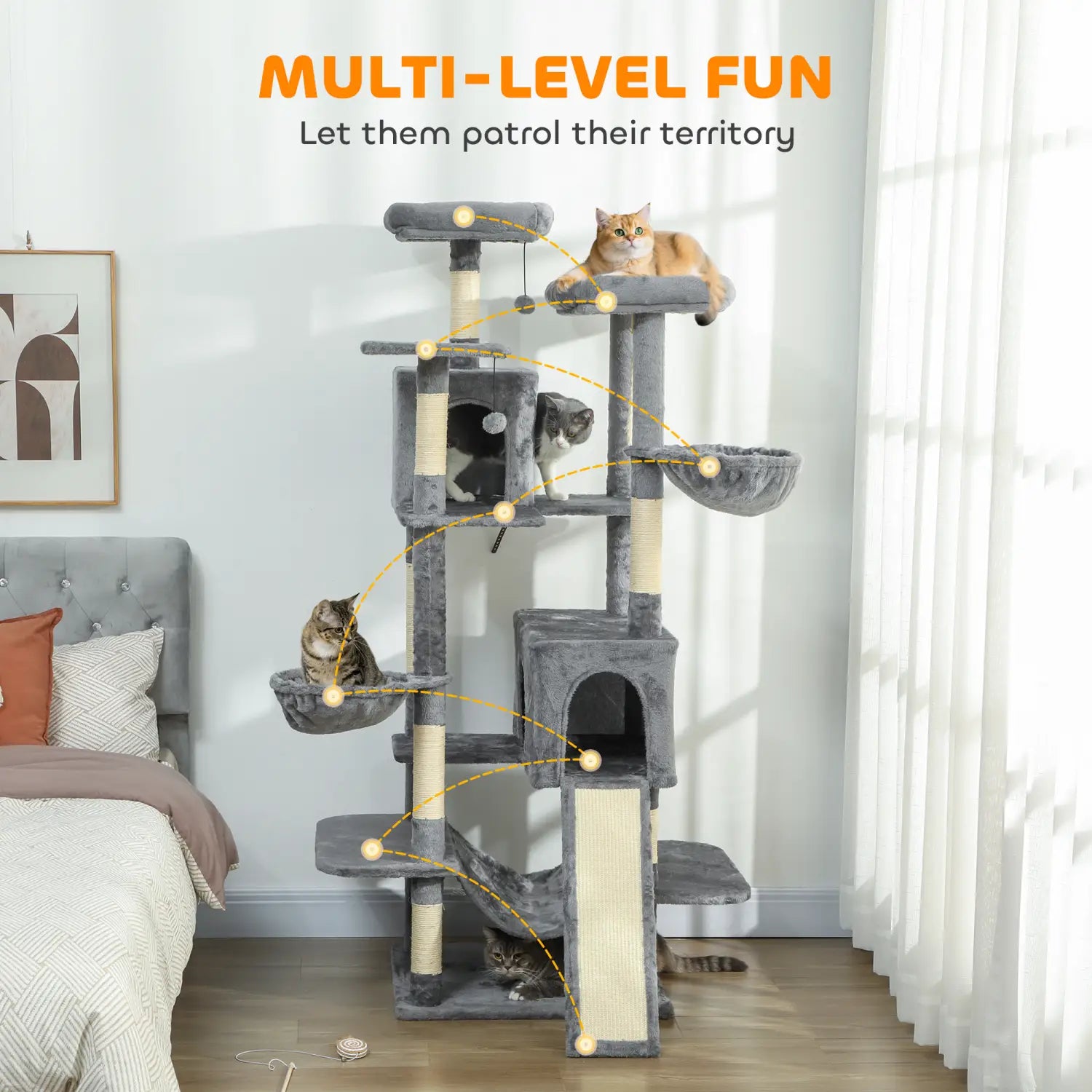 Gray multi level cat tree tower with sisal scratching posts and plush platforms in dark gray for cats.