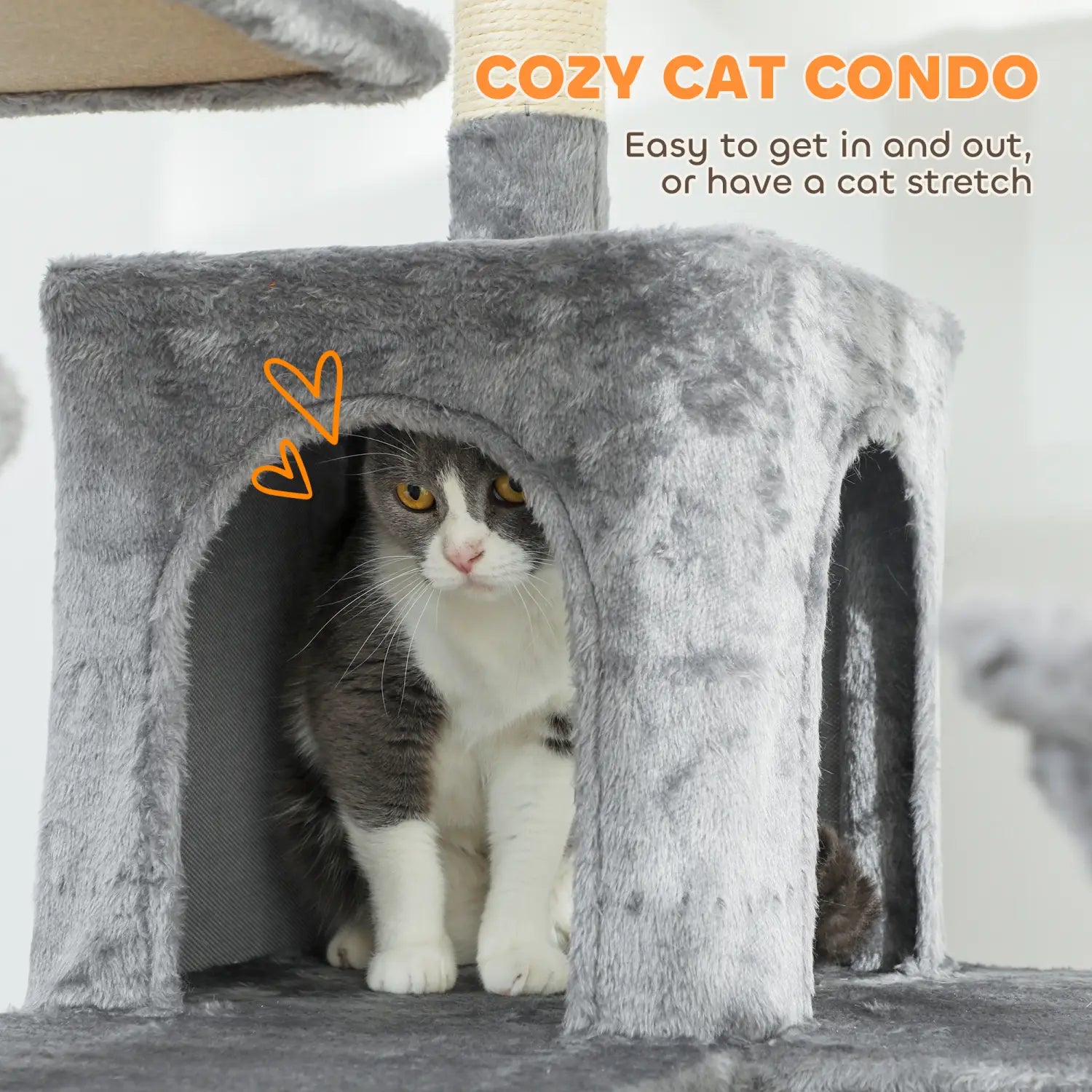 69 inch multi level cat tree tower in dark gray features a gray plush cat condo with soft fuzzy texture and arched entryways for comfortable feline use.