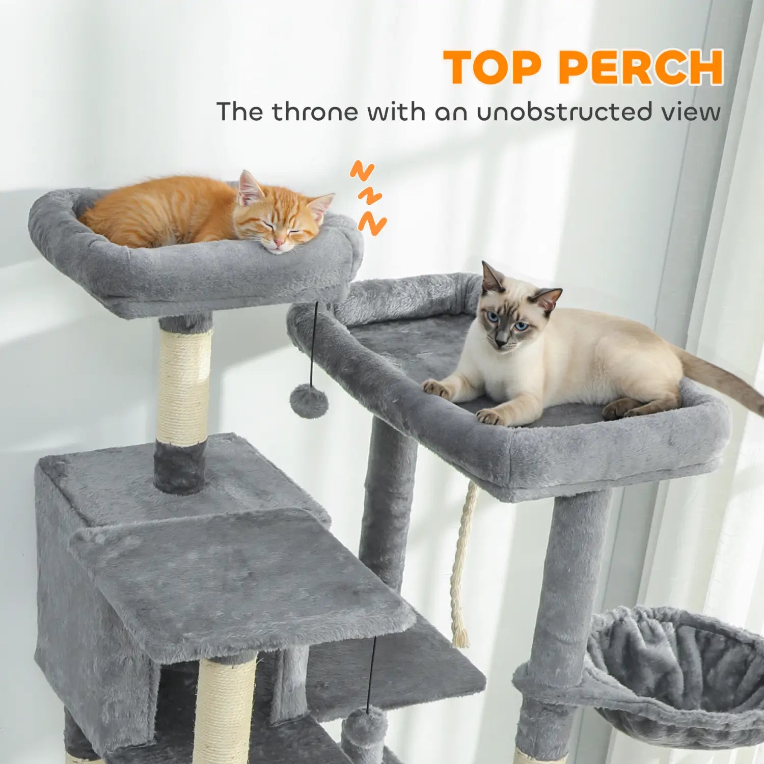 69 inch multi level cat tree tower in dark gray featuring a gray plush top perch labeled top perch and multiple scratching posts.