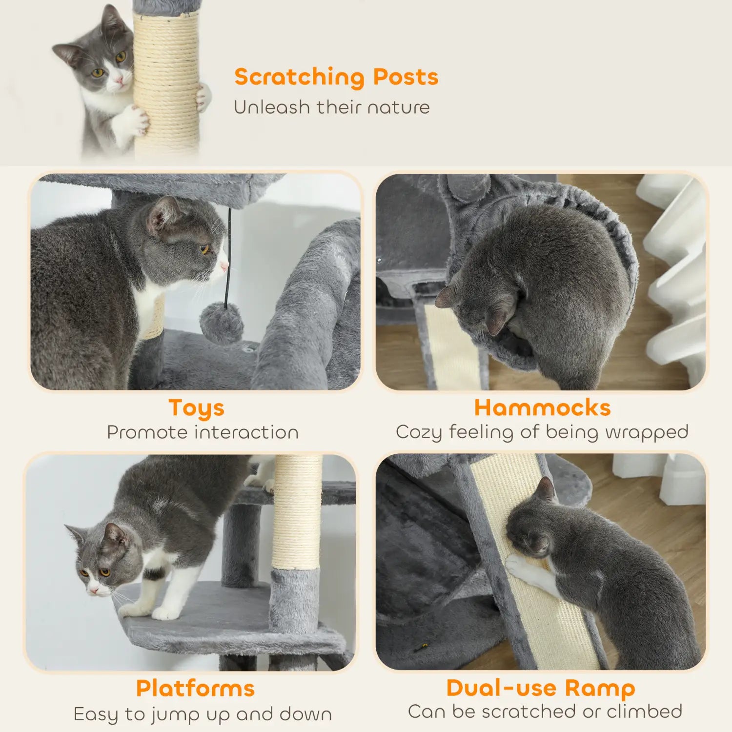 Gray cat tree tower in dark gray featuring sisal scratching posts, plush hammocks, and multiple platforms for multi-level climbing.