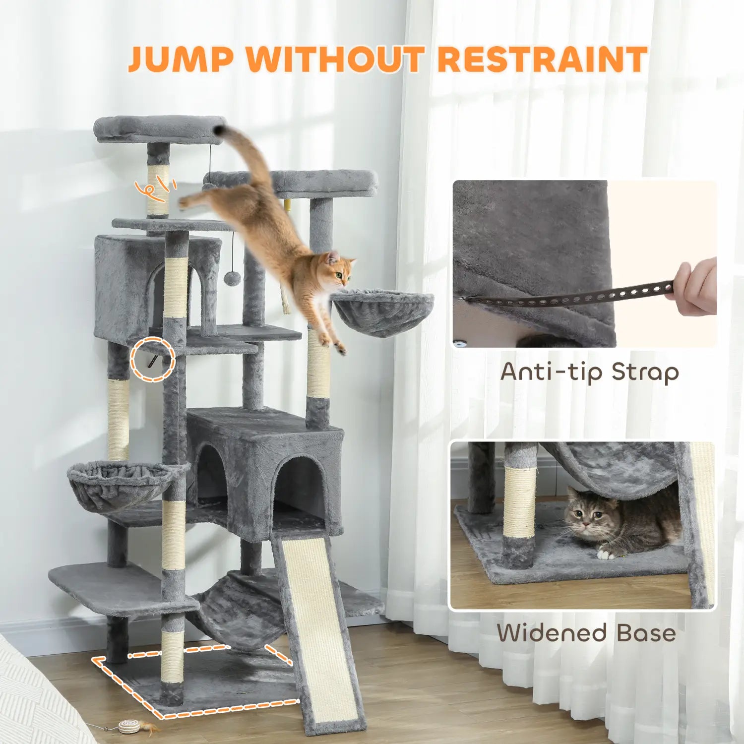 Gray 69 inch multi level cat tree tower featuring sisal scratching posts and plush platforms for feline activity and rest.