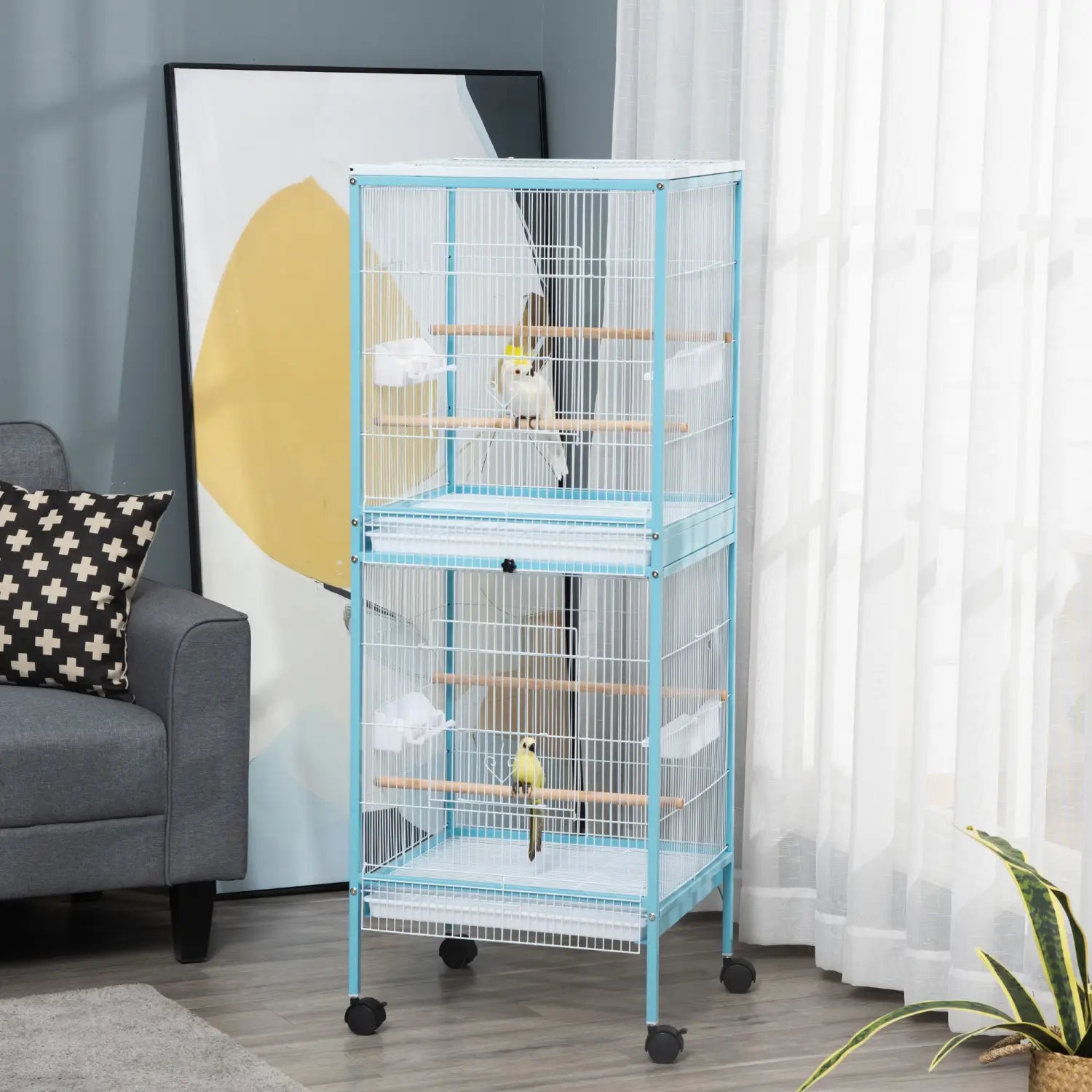 Jaula para aves tipo aviario de 2 en 1 de 55 pulgadas con ruedas, azul claro