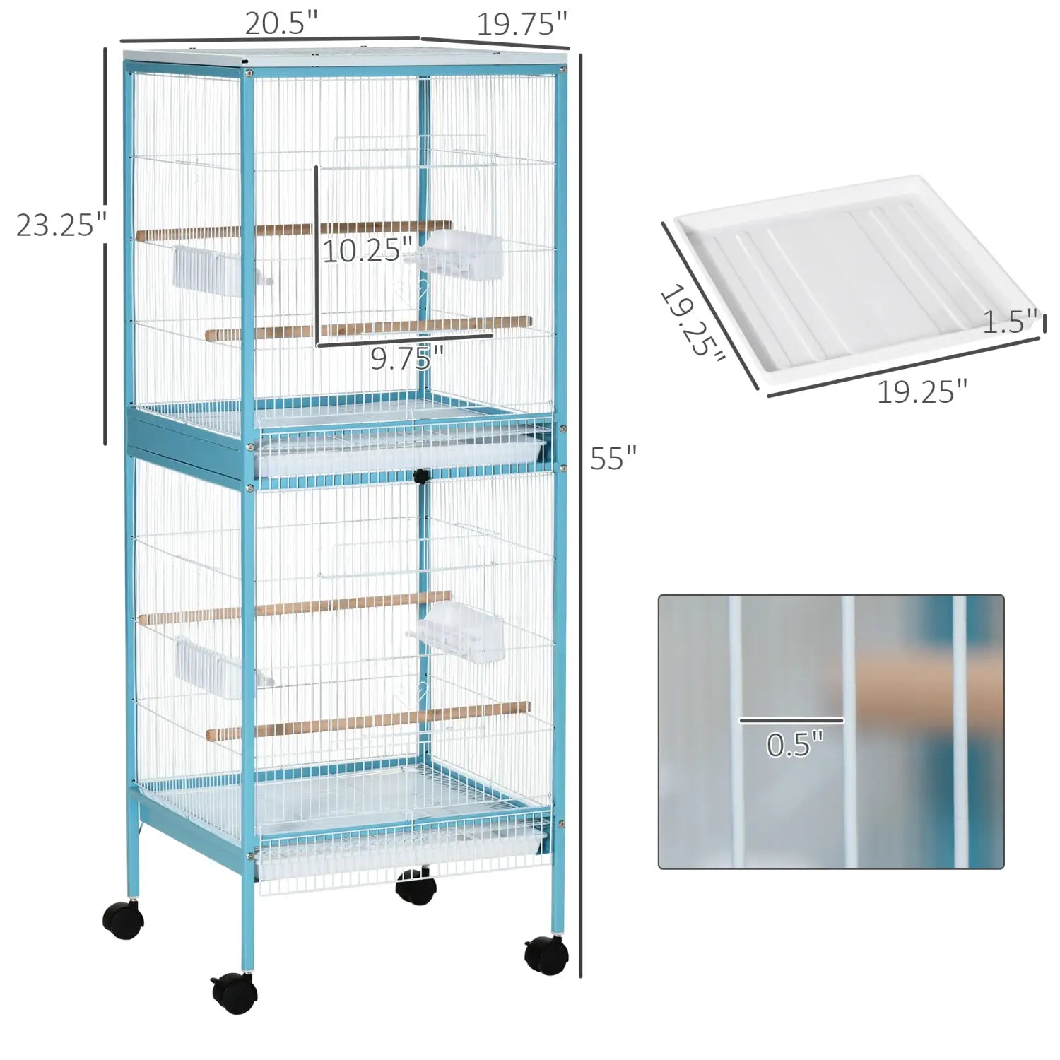 Jaula para aves tipo aviario de 2 en 1 de 55 pulgadas con ruedas, azul claro