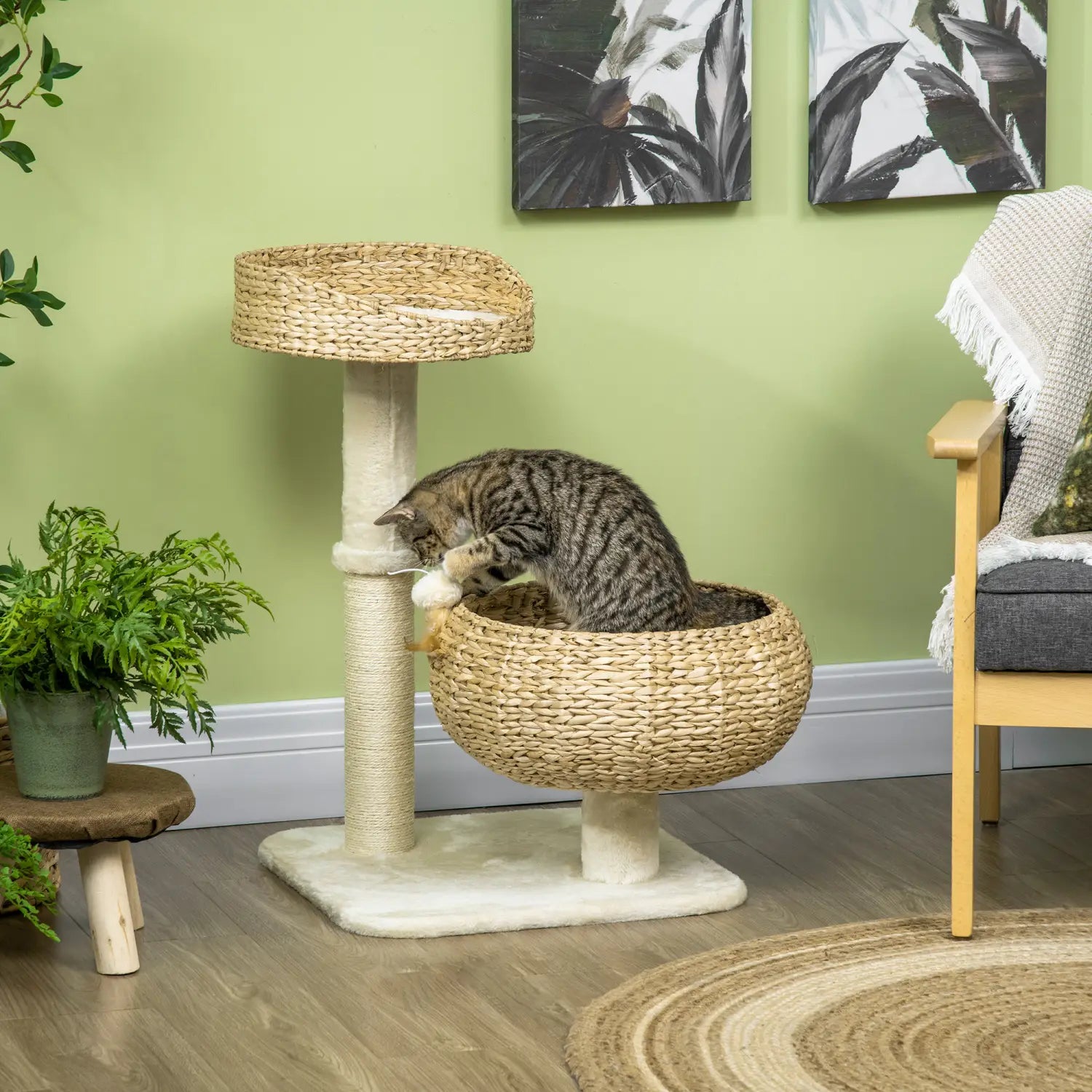 Beige woven wicker elevated cat bed with a rounded basket and integrated scratching post for feline comfort and activity.