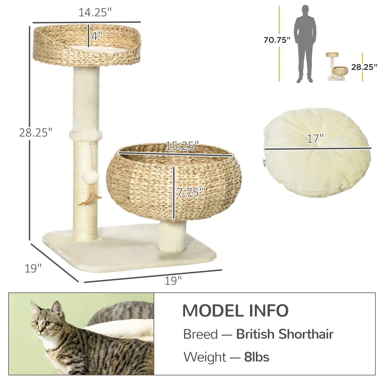 Beige woven wicker elevated cat bed with two basket-style platforms and a scratching post for feline use.