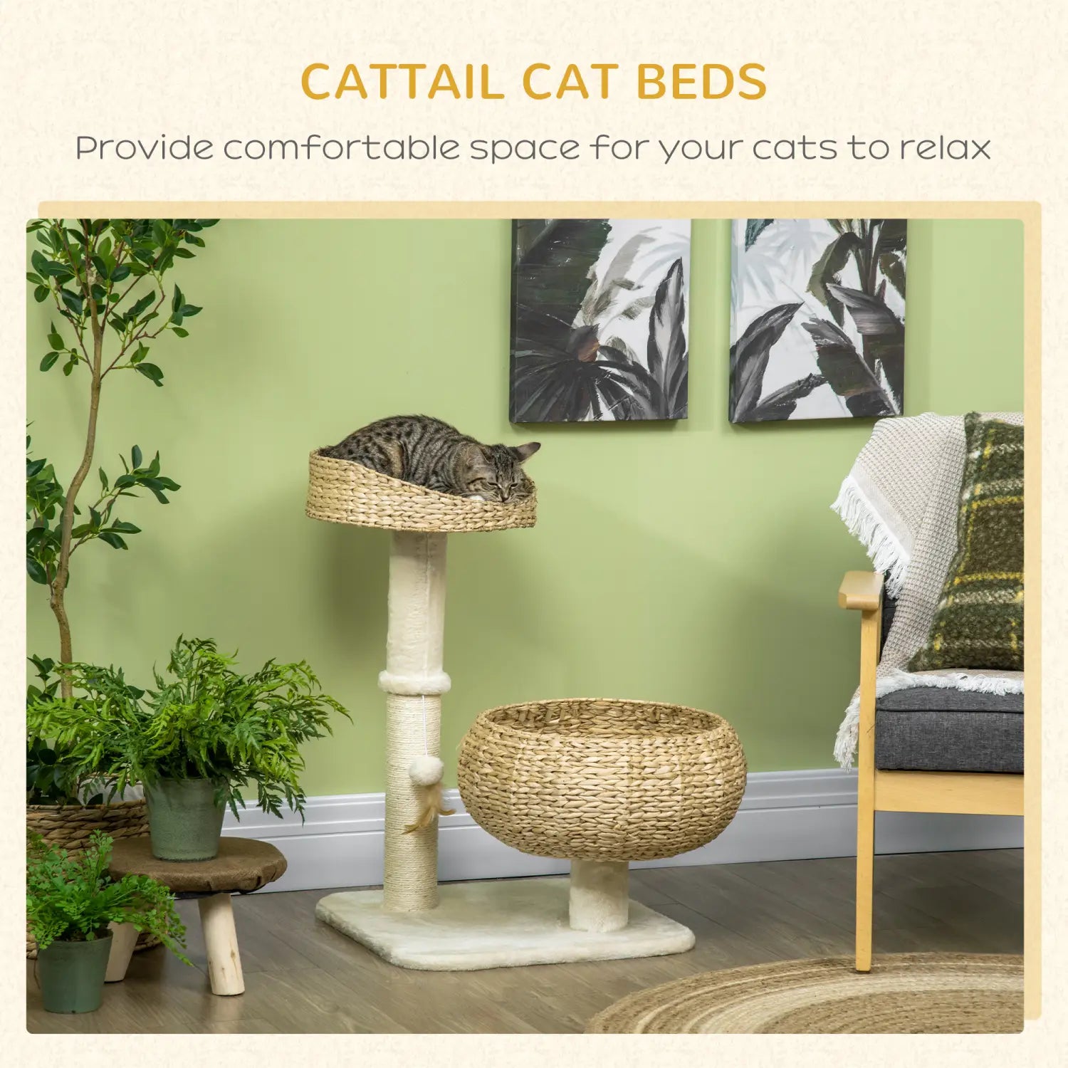 Natural woven rattan cat bed with a cozy rounded basket design and sturdy white base from the woven wicker elevated cat bed and scratching post collection.