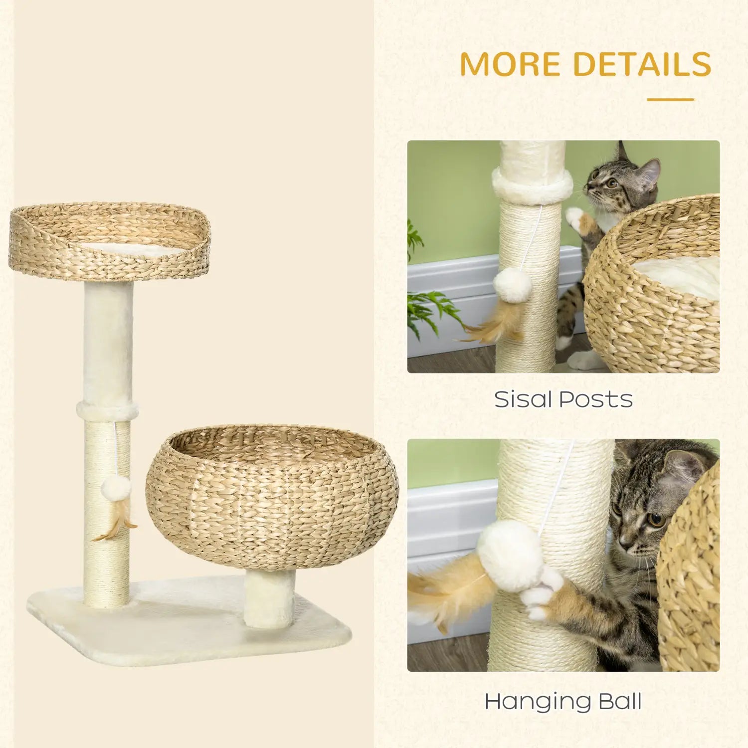 Beige woven wicker elevated cat bed with sisal scratching posts and a hanging ball for feline play and comfort.