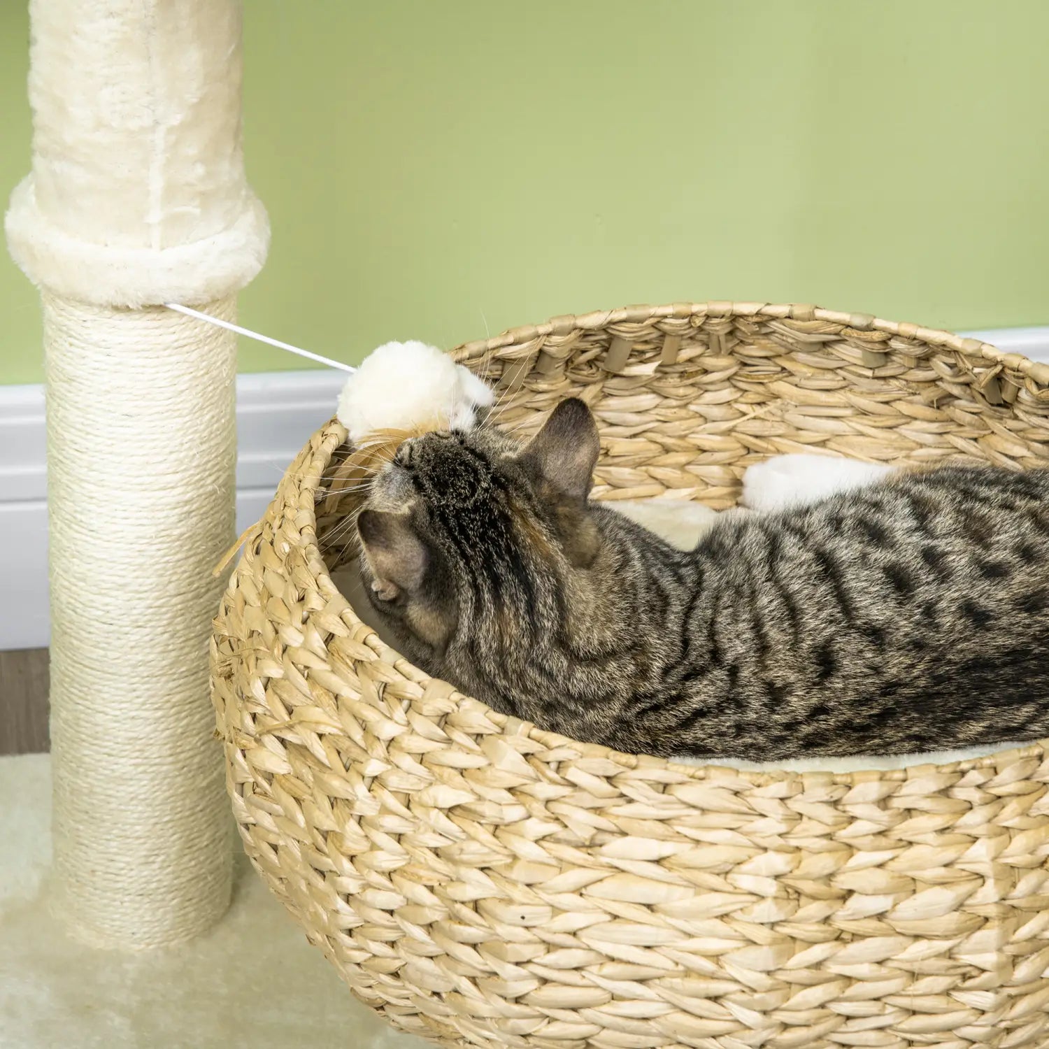 A tabby cat lounges comfortably in a woven wicker elevated cat bed with a natural beige scratching post showing the product’s woven wicker material and cozy design.