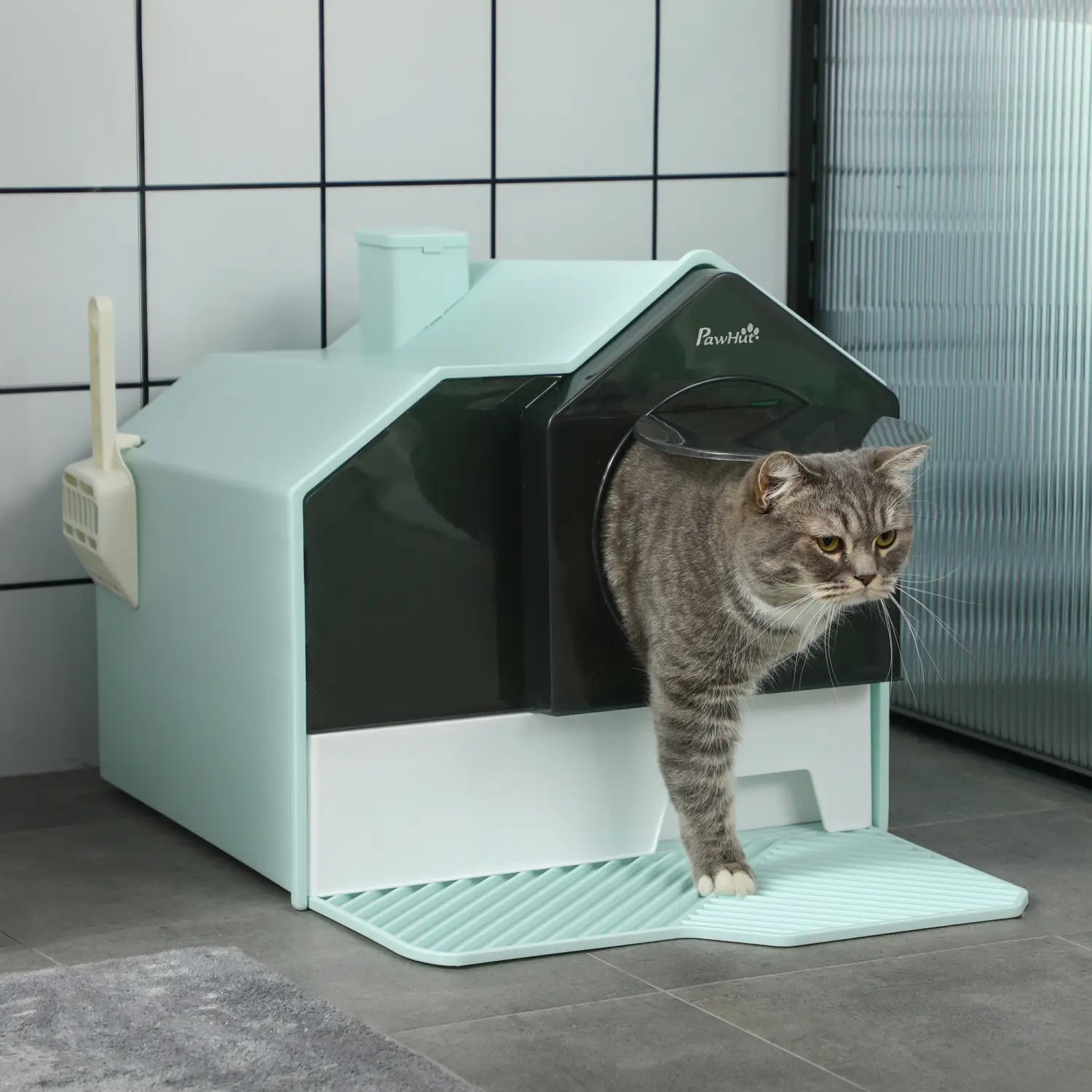 A sleek mint-green and black Pawhut covered cat litter box with a house-shaped design featuring a mat and scoop for easy cleaning.