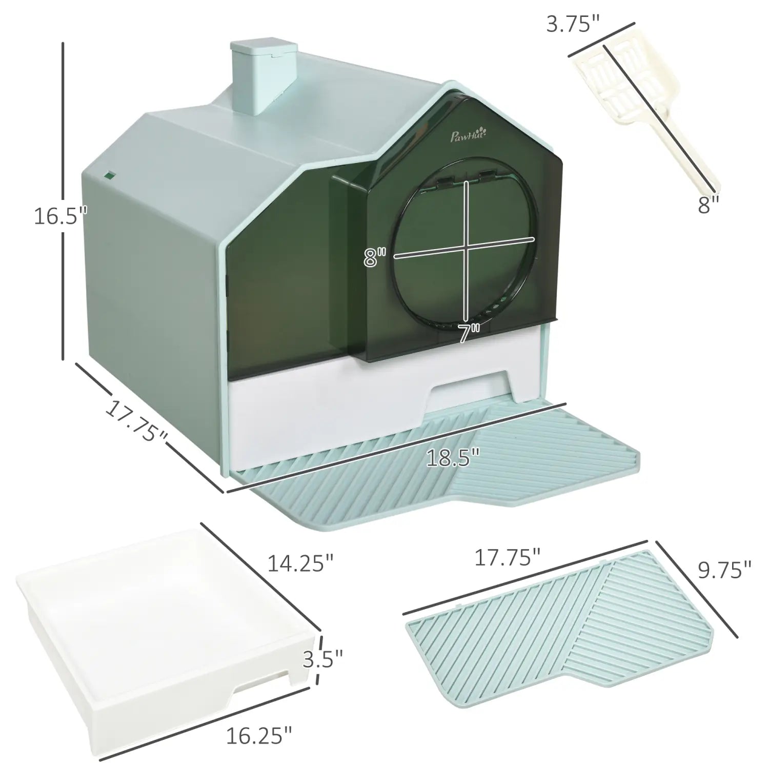 Covered cat litter box with light blue and white plastic body, dark green translucent front panel, chimney detail on top, and included scoop with mat for easy cleaning.