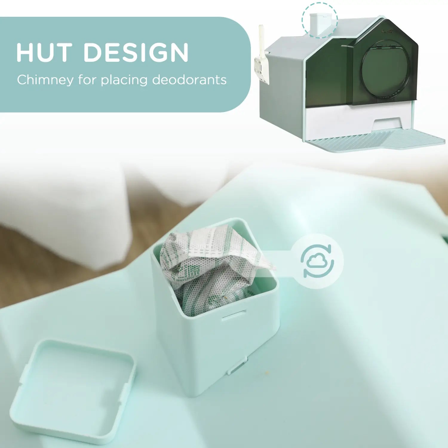 A sleek modern hut-shaped deodorant organizer in matte white and dark green plastic with a circular chimney opening for placing deodorants.