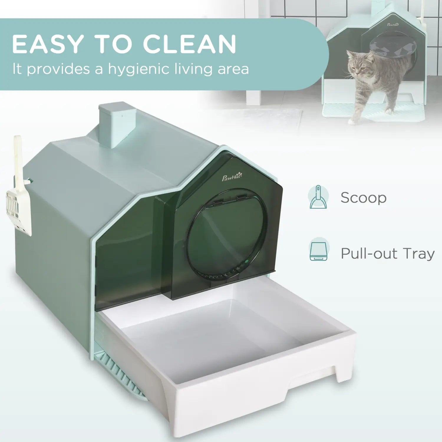 Covered cat litter box with mat and scoop in gray and black plastic featuring a pull-out tray and side scoop for convenient cleaning.