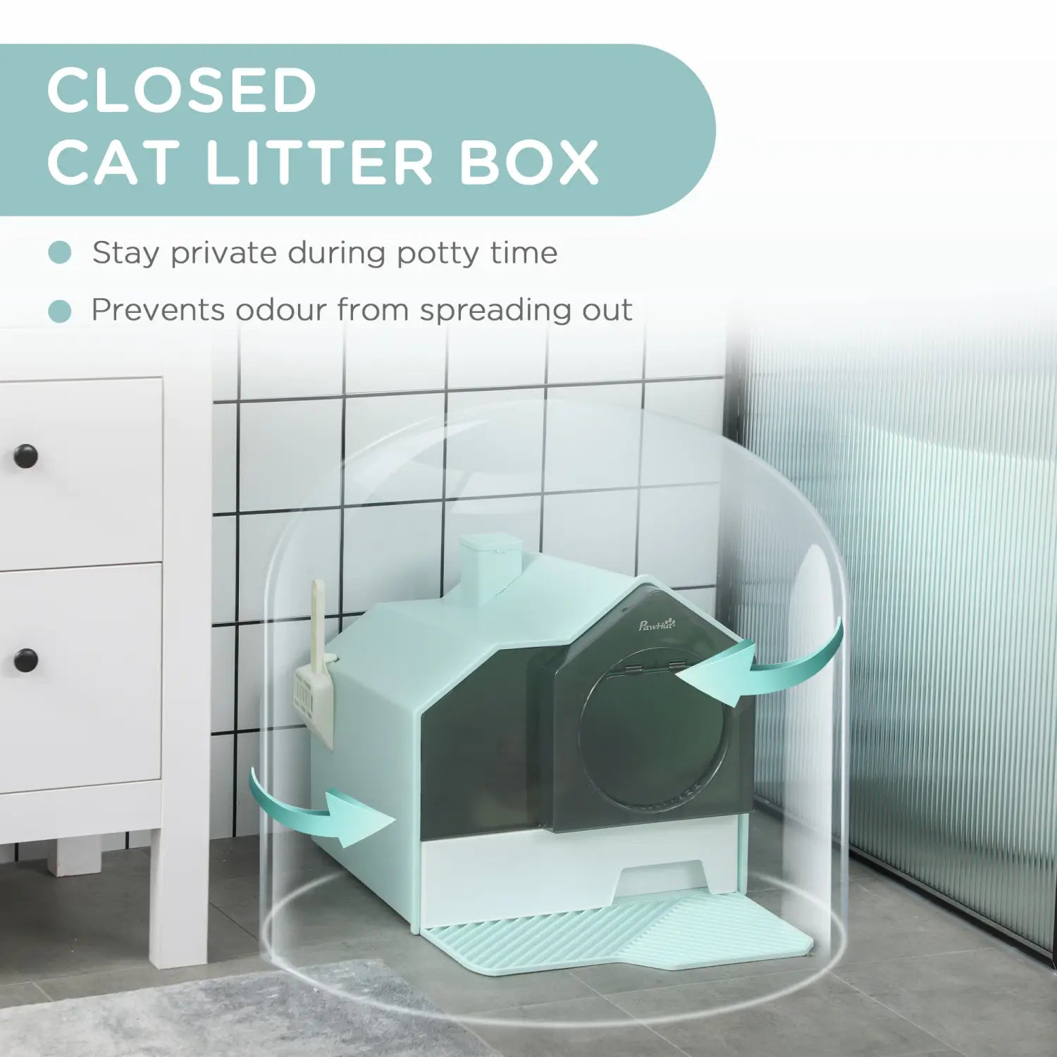 Mint green and dark gray covered cat litter box with a transparent dome cover featuring an included mat and scoop for convenient pet hygiene.