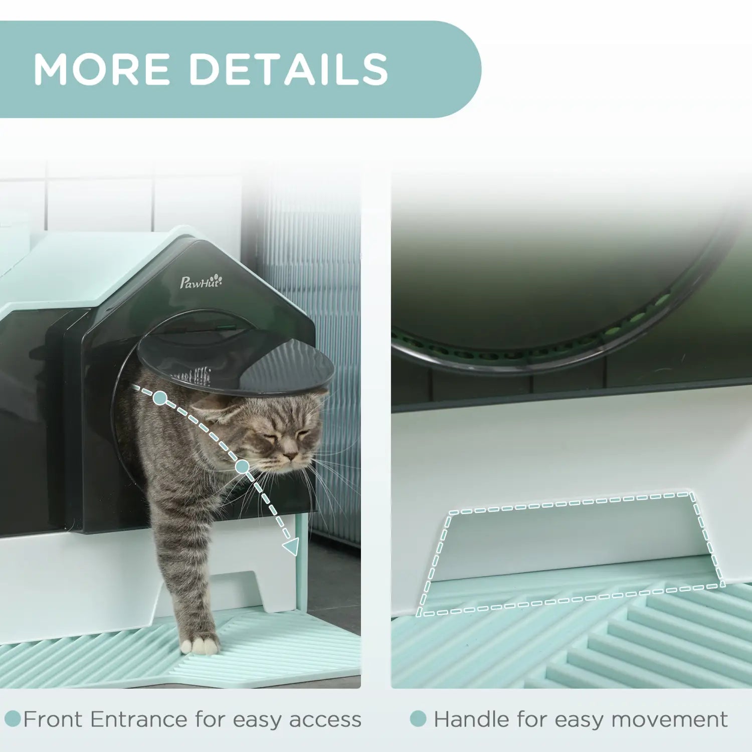 Covered cat litter box with mat and scoop featuring a sleek modern design in black and light teal with a front entrance for easy access