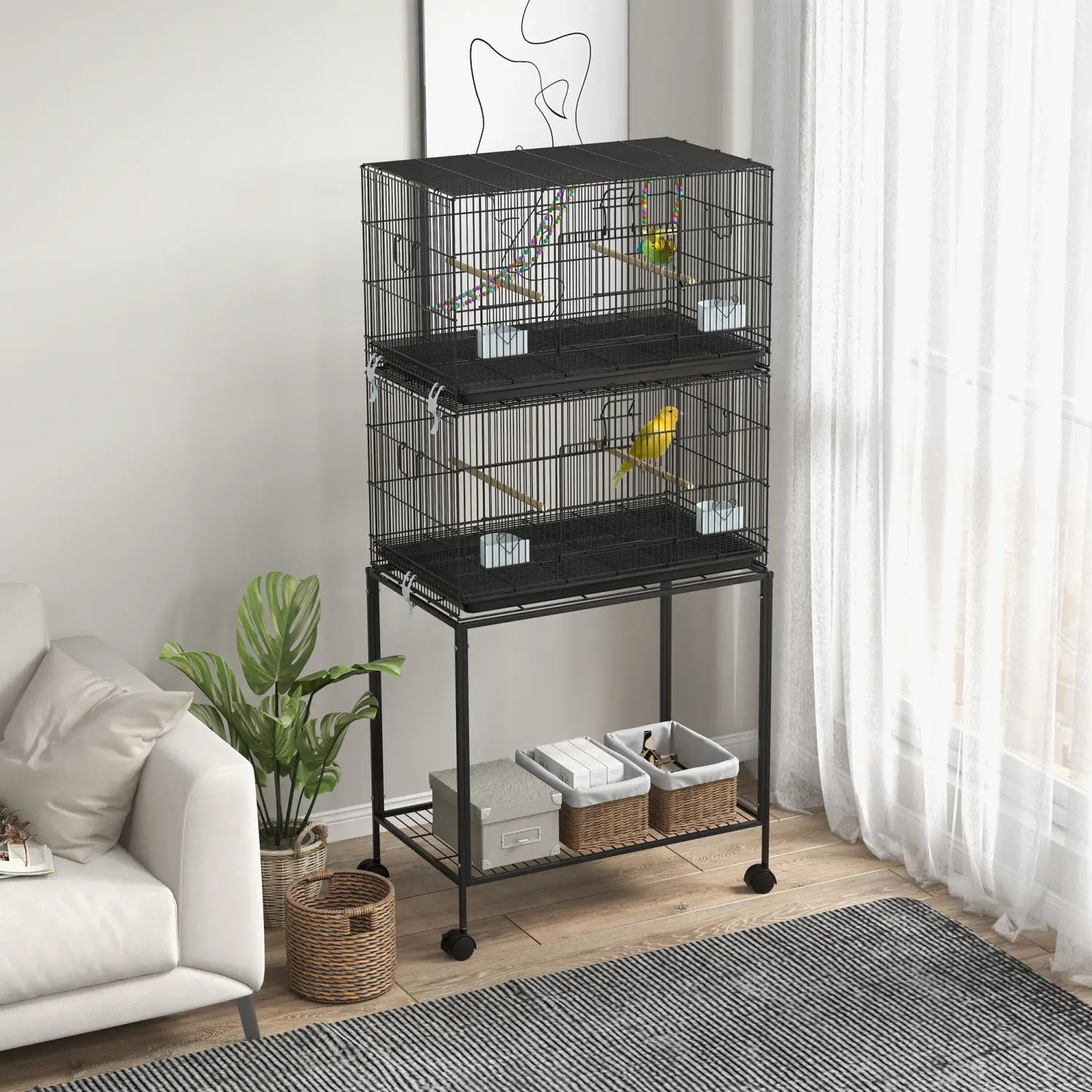 Jaula para aves doble apilable con base rodante de 64,5