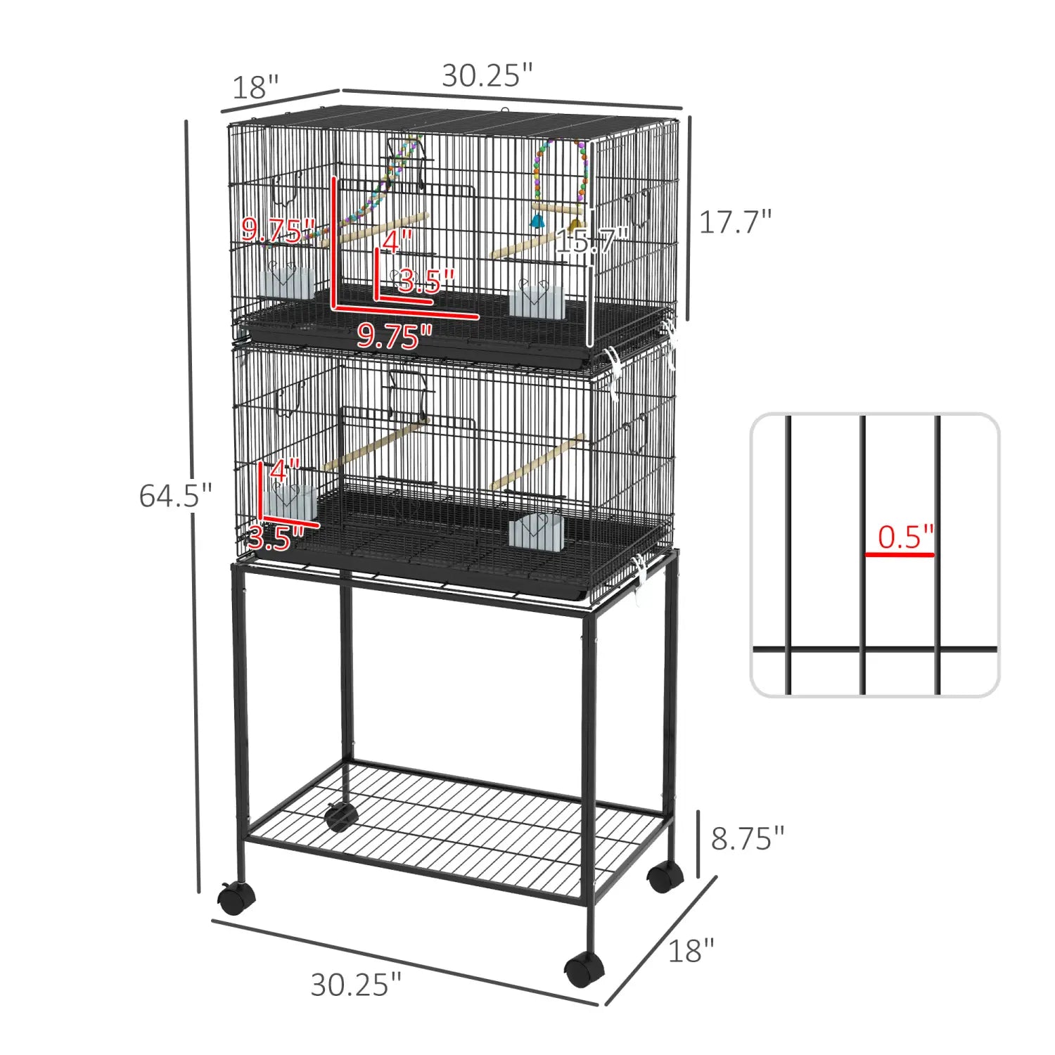 Jaula para aves doble apilable con base rodante de 64,5