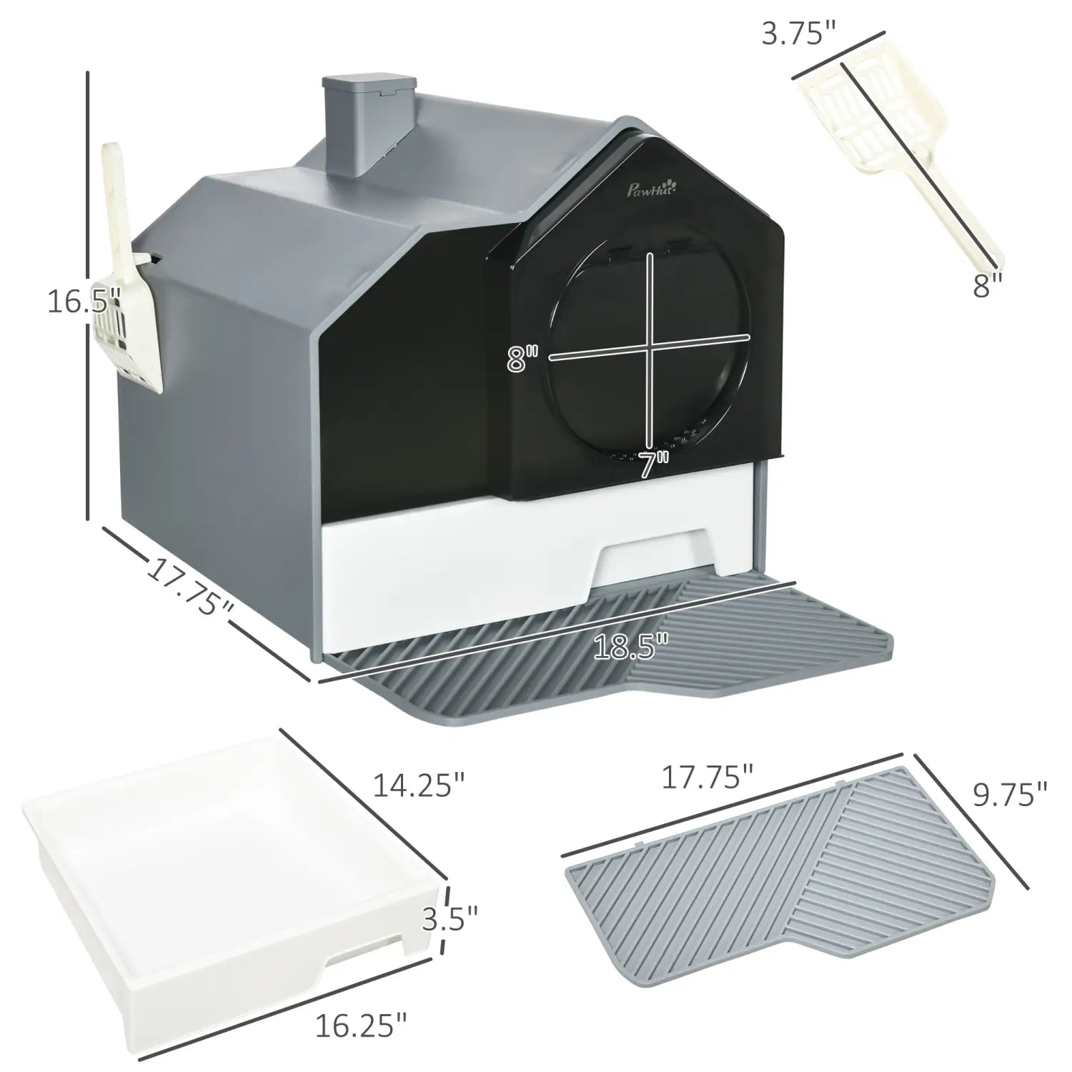 Bac à litière pour chat gris et noir en plastique, couvert, avec tiroir et tapis, conçu pour imiter une maison avec une pelle blanche incluse.