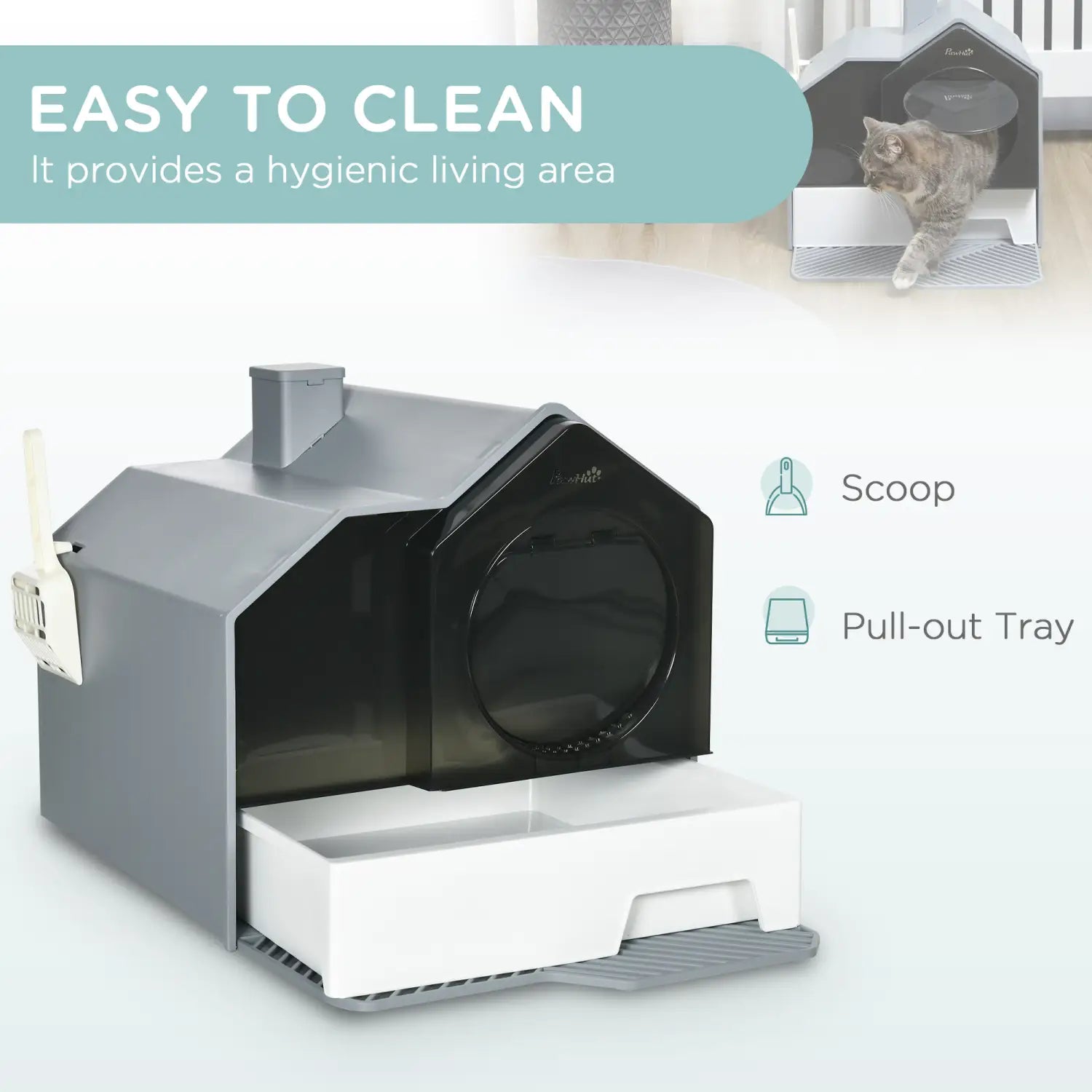 Bac à litière pour chat couvert en forme de maison gris et noir, avec un tiroir blanc extractible et un tapis fixé, pour un nettoyage aisé et une maîtrise des odeurs.
