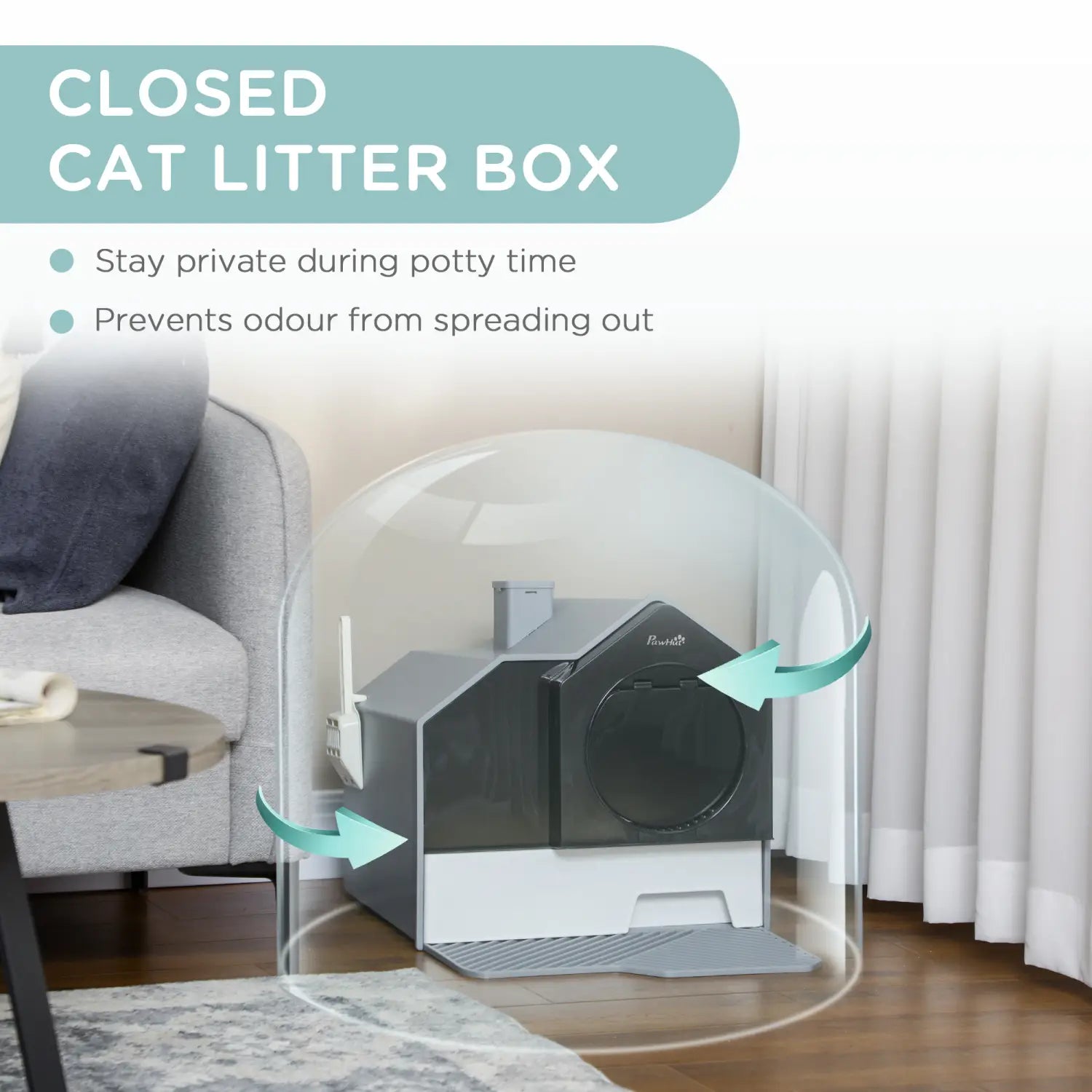 Bac à litière moderne couvert pour chat noir et blanc, avec un dôme transparent, un tiroir et un tapis, pour un nettoyage facile et une maîtrise des odeurs.