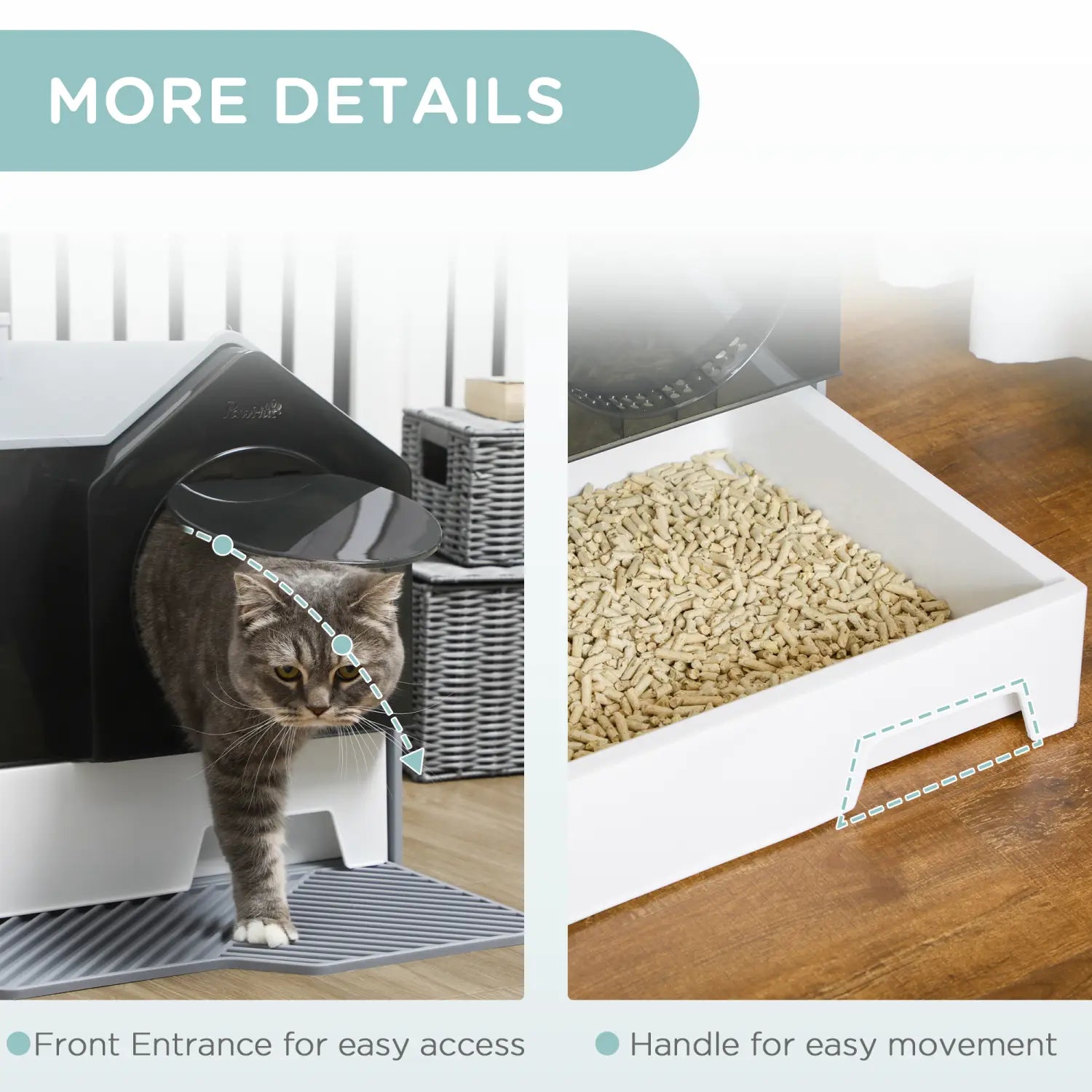 Bac à litière automatique couvert pour chat noir et blanc, avec entrée frontale, poignée pour faciliter le déplacement, tiroir et tapis, pour une utilisation pratique.