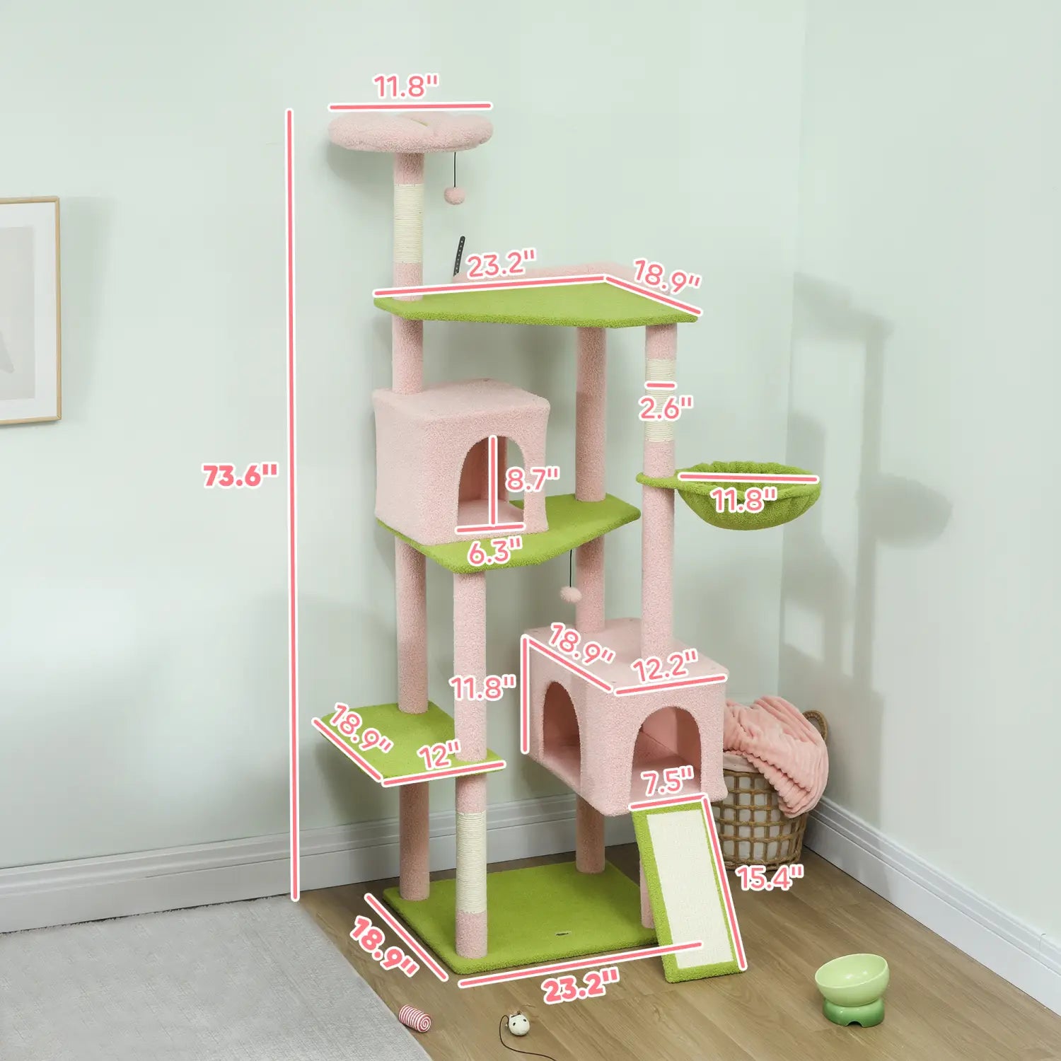 Pink floral multi-level cat tree tower featuring pink and green carpeted platforms, scratching posts, and a cozy hideaway for cats.