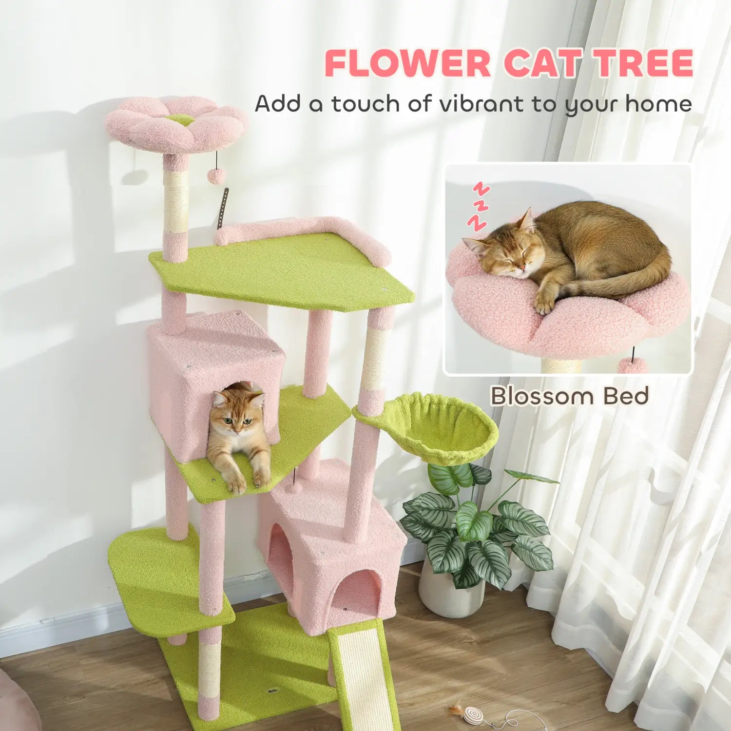 Pink floral multi-level cat tree tower featuring a pink and green flower-themed design with a plush blossom bed for comfortable pet lounging.