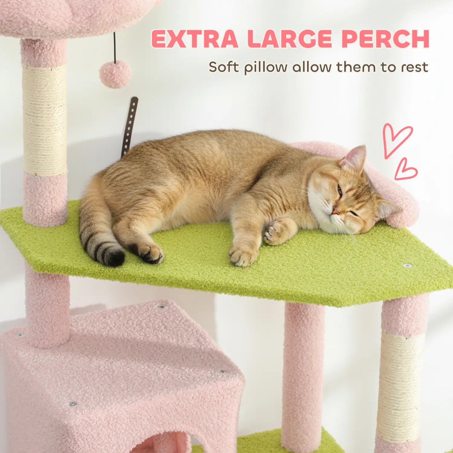 Pink floral multi-level cat tree tower featuring a fluffy pink structure with a lime green perch and a soft pillow for resting.