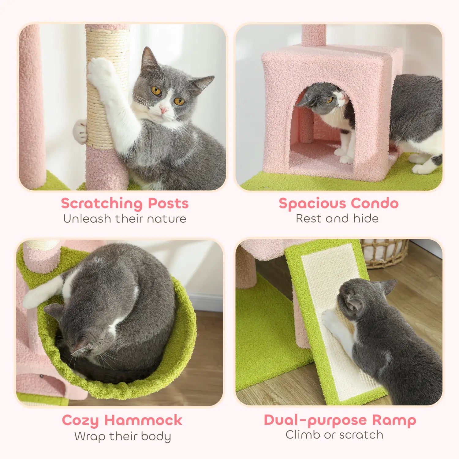 Pink floral multi-level cat tree tower with pink and green scratching posts, a cozy hammock, and a dual-purpose ramp for climbing and resting.