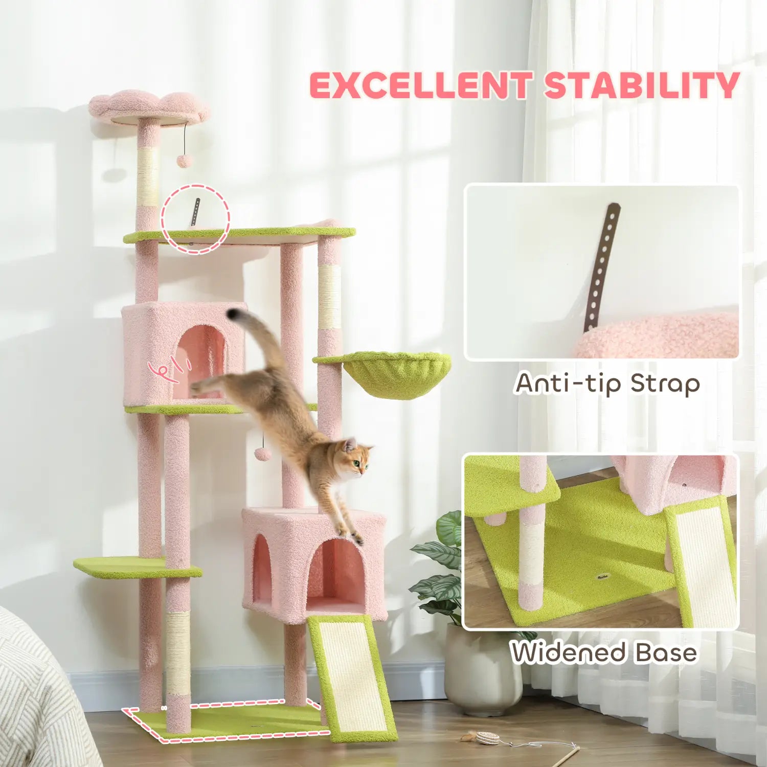 Pink floral multi-level cat tree tower featuring pink and lime green soft carpeted platforms, scratching posts, and a cozy hammock for cat comfort and play.