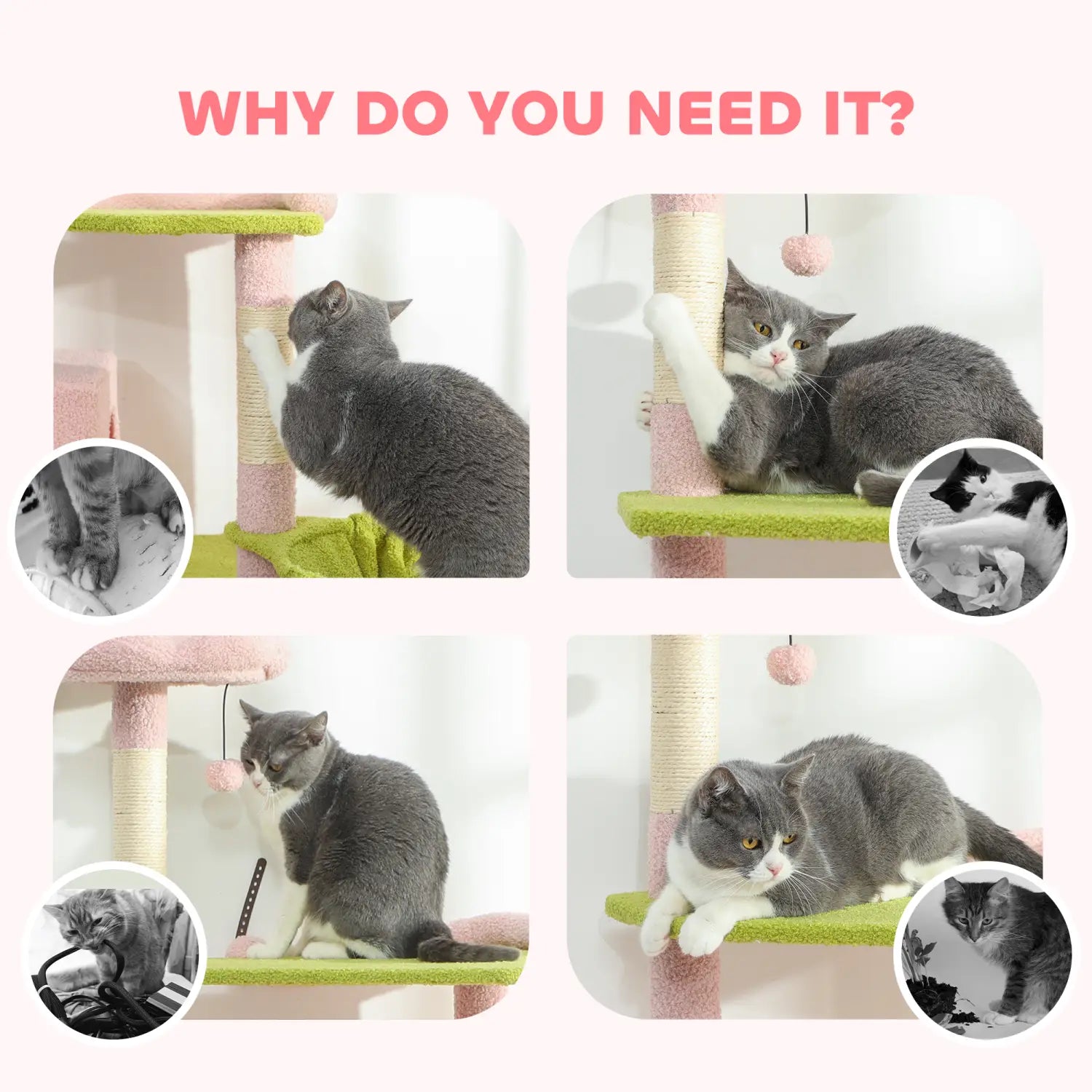 Pink and green multi-level cat tree tower featuring sisal scratching posts and plush platforms for feline recreation and comfort.